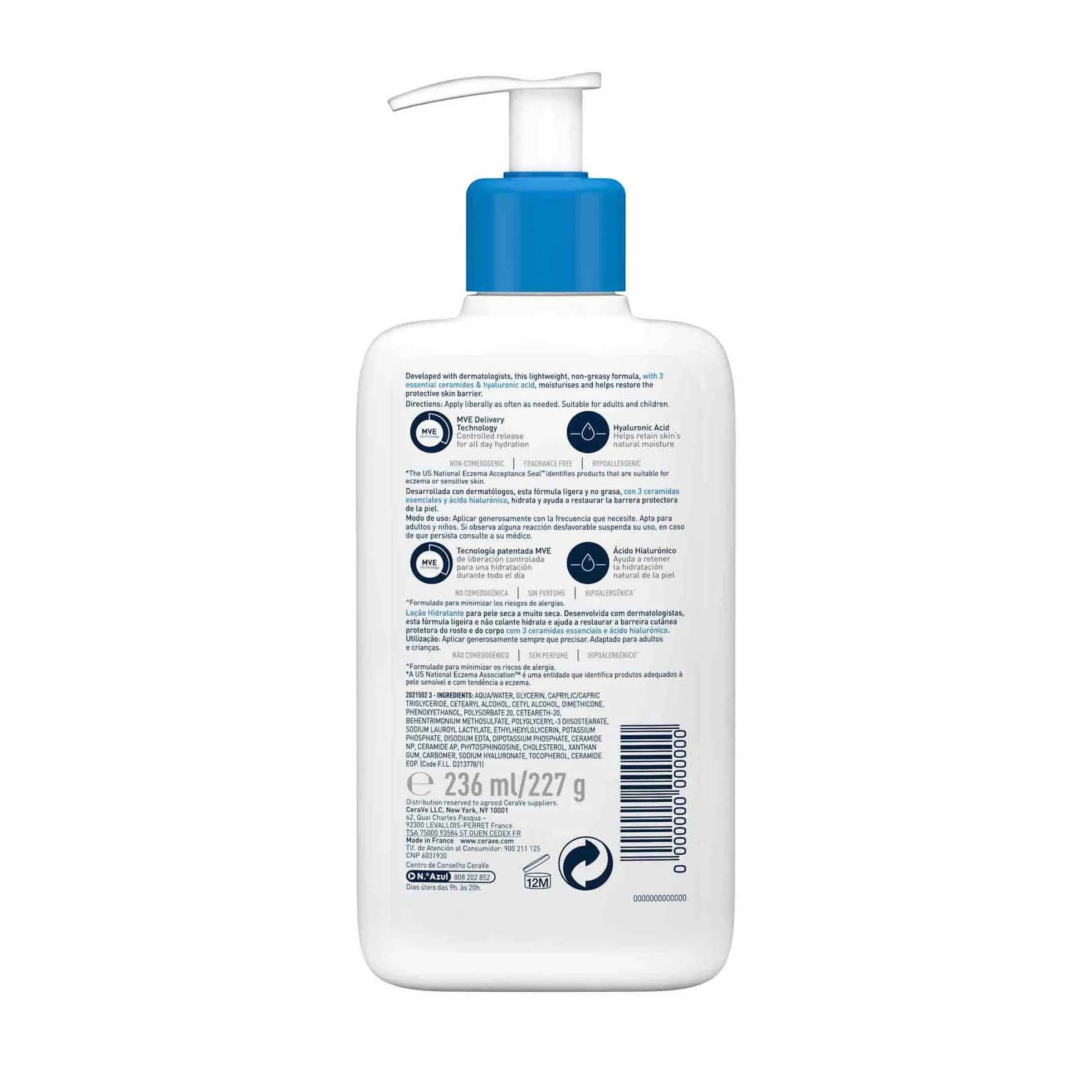 CeraVe Loción Hidratante, Piel Seca a Muy Seca, Enriquecida con Ceramidas y Ácido Hialurónico, Rostro y Cuerpo