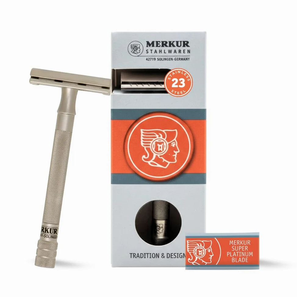 MERKUR Navaja de acero inoxidable 23 inox, mate sedoso, maquinilla de afeitar de corte recto premium de tres piezas, peine cerrado, ideal para afeitado en húmedo, fabricada en Alemania