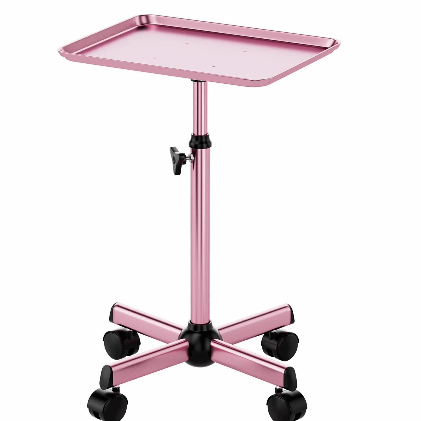 Bandeja de salón con ruedas, bandeja de spa, bandeja de tatuaje, bandeja dental de altura ajustable, bandeja de salón con ruedas, carrito rodante de metal premium, rosa