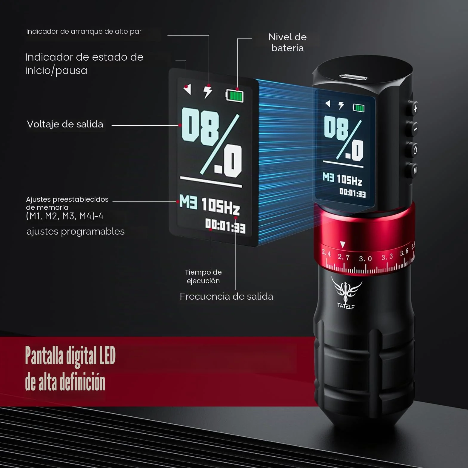 TATELF Kit Inalámbrico, Máquina Rotativa Profesional para Principiantes y Artistas, Pantalla LCD, 7 Vel, Batería 2300mAh, 20 Cartuchos, 10 Tintas