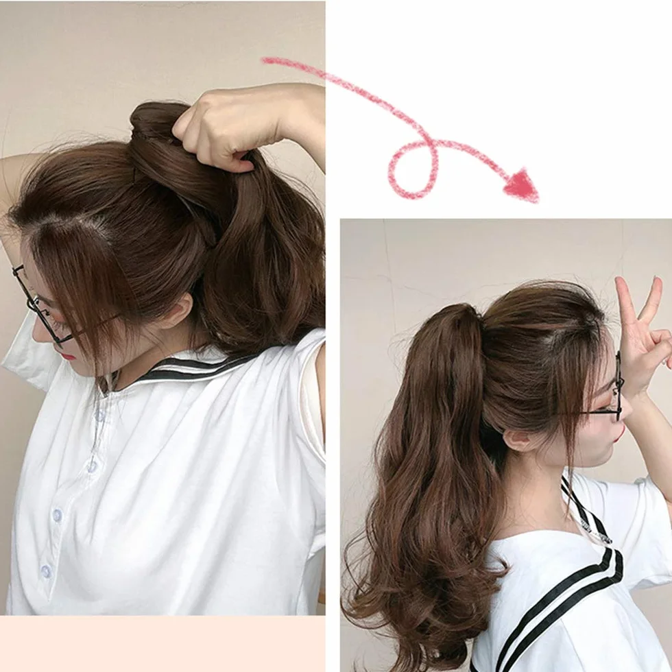 Extensiones de Pelo Rizadas Coleta Postiza Clip in Hair Natural Largo Marrón Medio