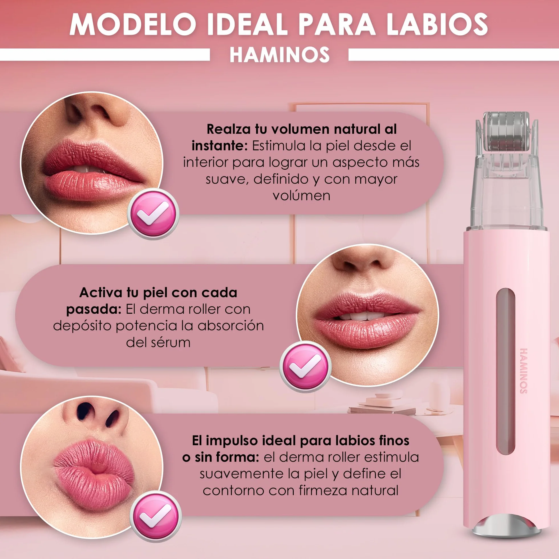 HAMINOS Derma Roller 0,25 mm 2.0 con Depósito para Labios, Piel, Cabello, 105 Agujas de Titanio