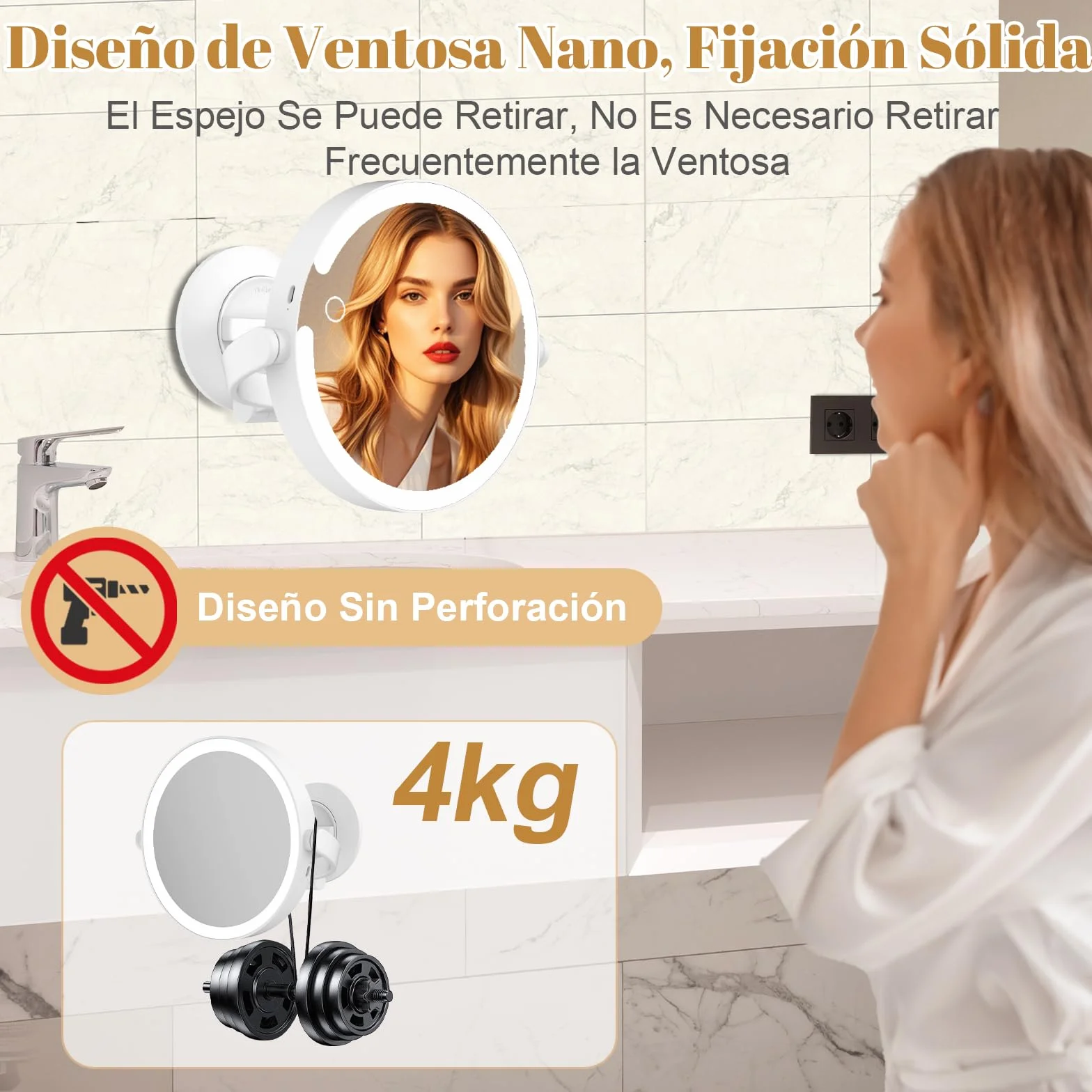 Espejo de Maquillaje Luminoso con Ventosa Potente, 20 Aumentos, Ajustable en Intensidad y Altura 25 cm