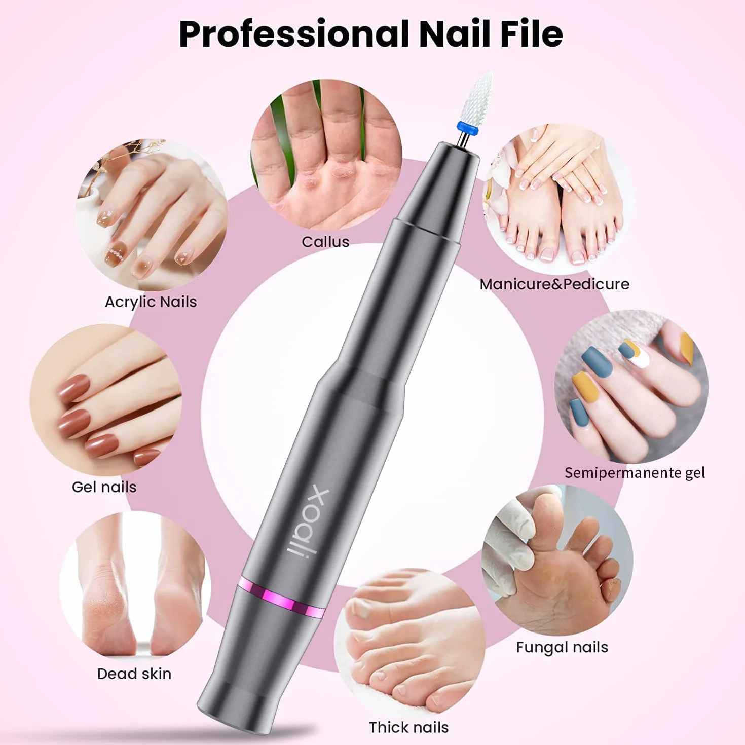 Xoali Torno para Uñas 25000RPM Profesional 12 en 1, Lima Eléctrica USB con Brocas de Cerámica, Velocidad Ajustable