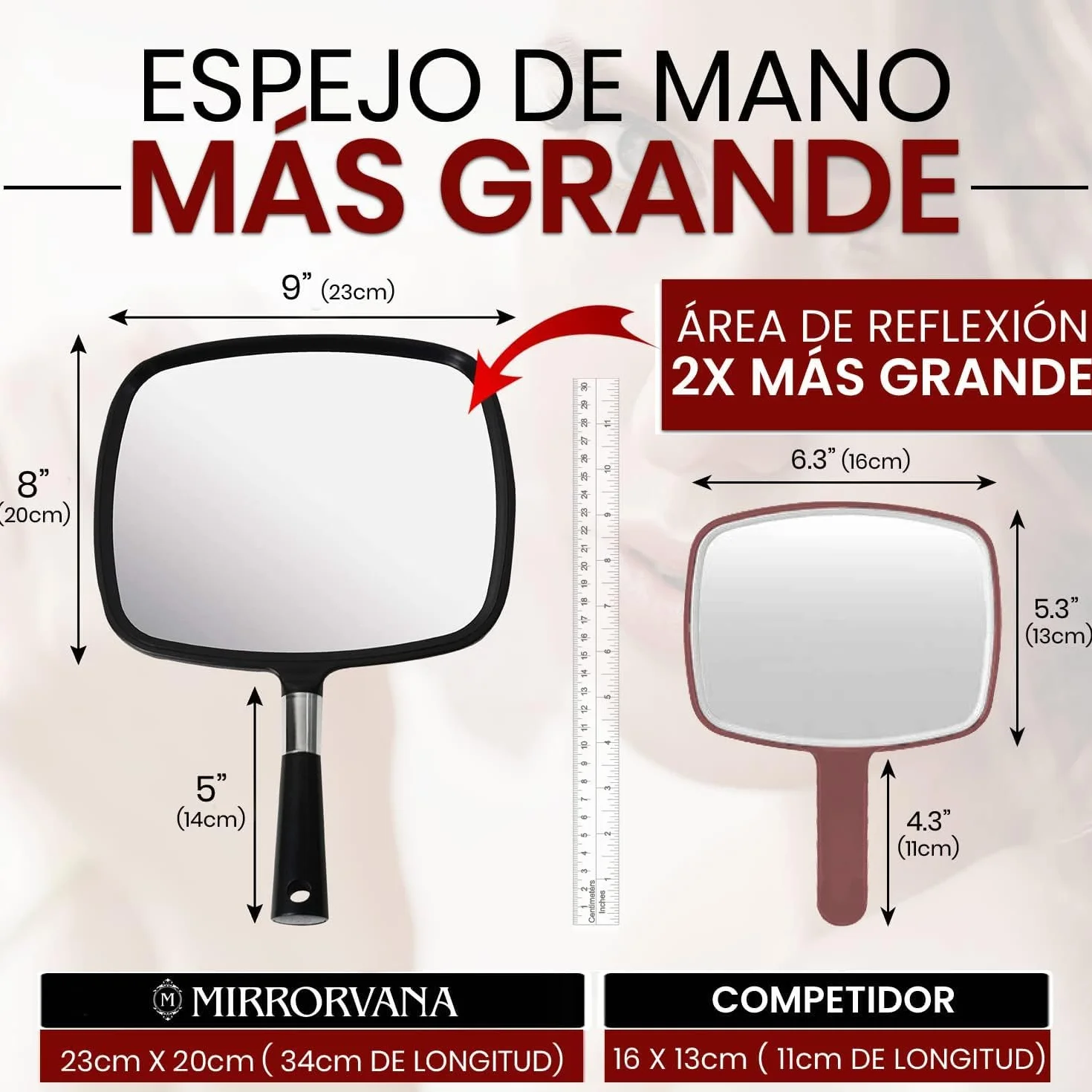 Mirrorvana Espejo de Mano Grande con Mango - Peluquería, Barbería, Maquillaje (Negro)
