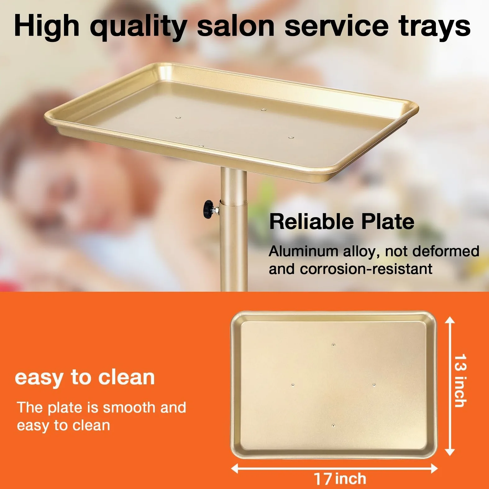 Bandeja de salón con Ruedas, Carrito de salón Dorado champán con Altura Ajustable, Bandeja de Estilista, Bandeja de Tatuaje de Metal Premium, Adecuada para SPA y Bandeja Dental