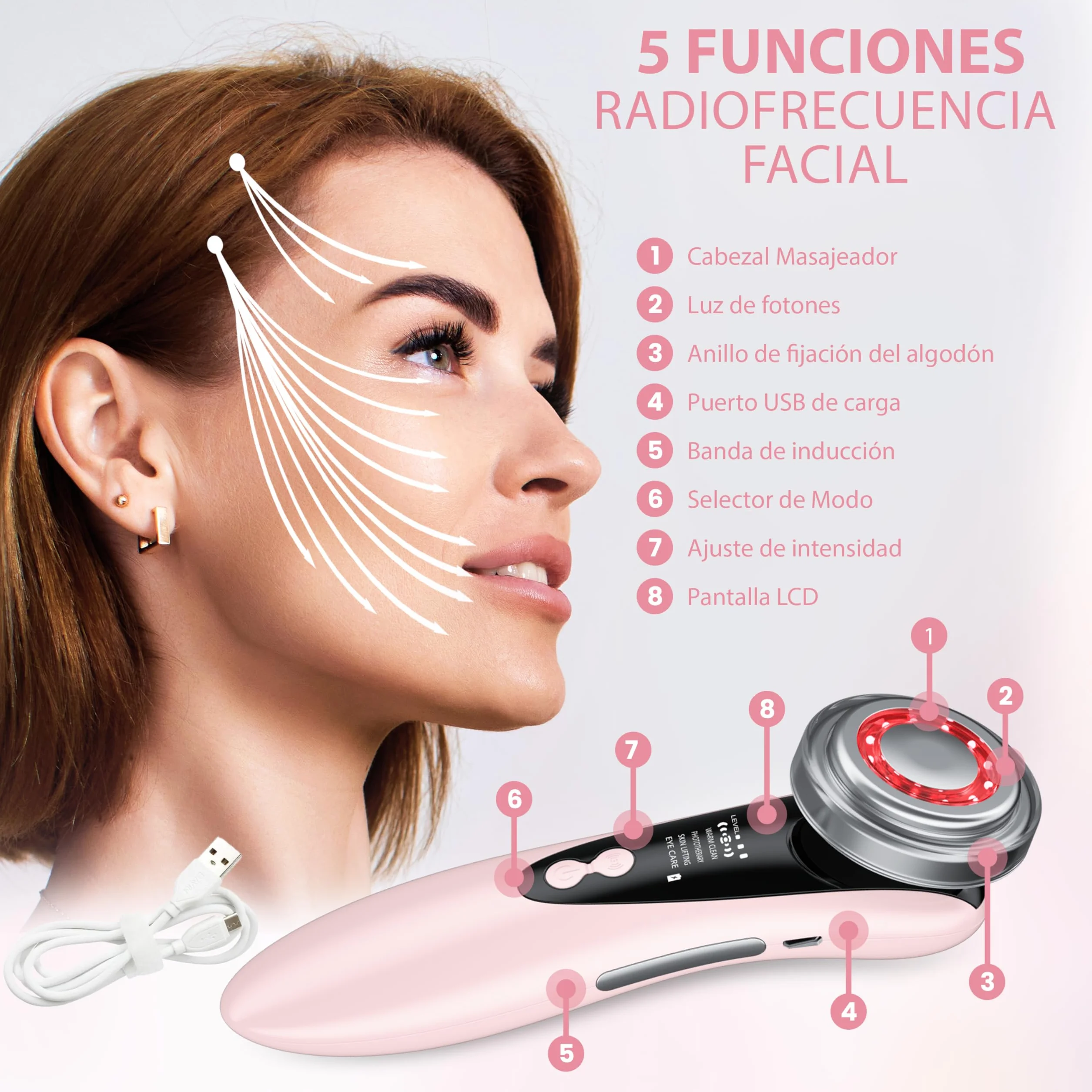 Aparato Radiofrecuencia Facial 5 en 1 Masajeador Antiarrugas Electrico Profesional