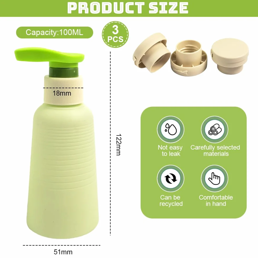 Botes Viaje Rellenables 100 ml 3 Piezas, Botellas Champú Prueba de Fugas con Tapón Flip y Dosificador, sin BPA