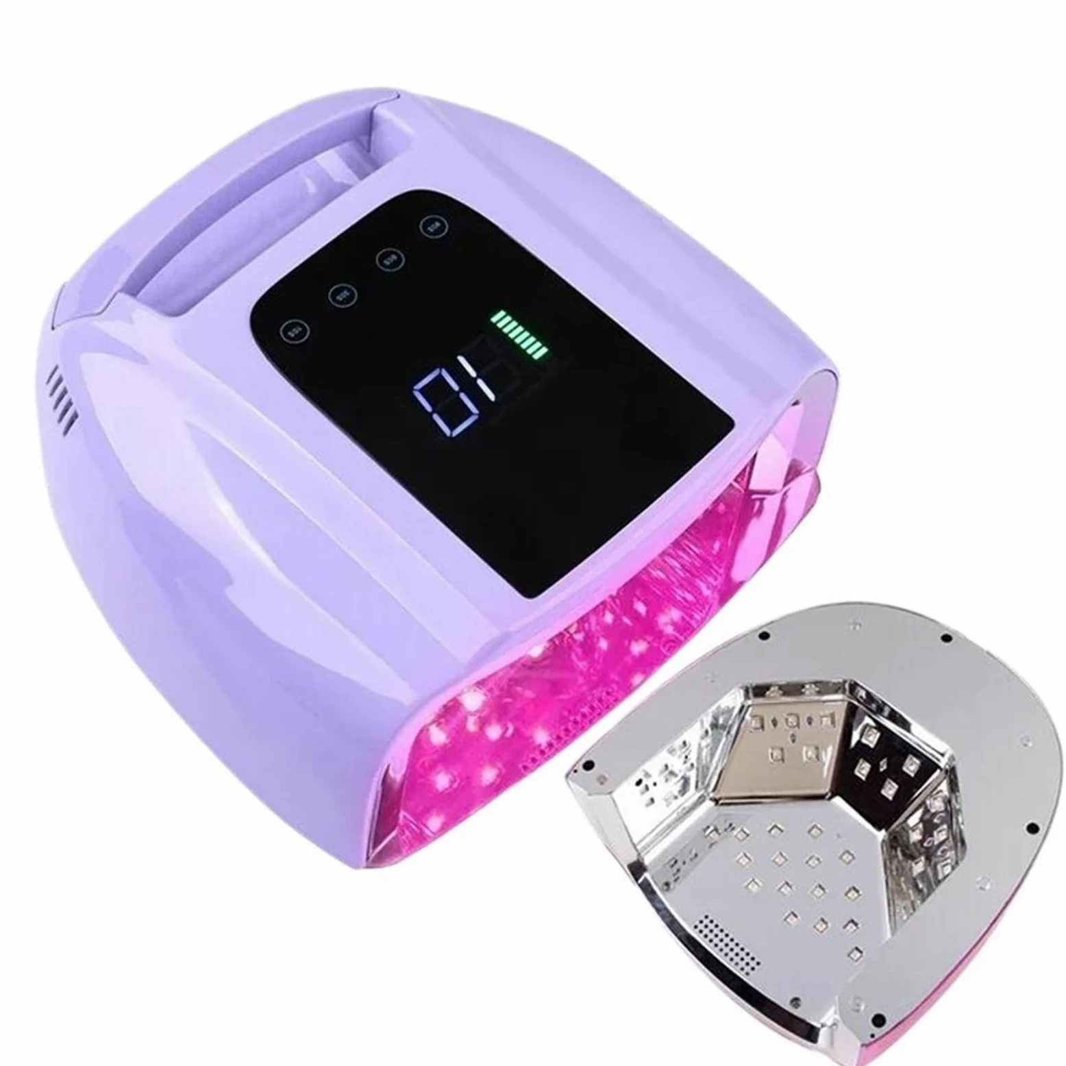 Lámpara LED para uñas, Lámpara de uñas con espejo 96 W y almohadilla metálica, secador manicura inalámbrico, luz UV for, lámpara LED recargable(Purple)