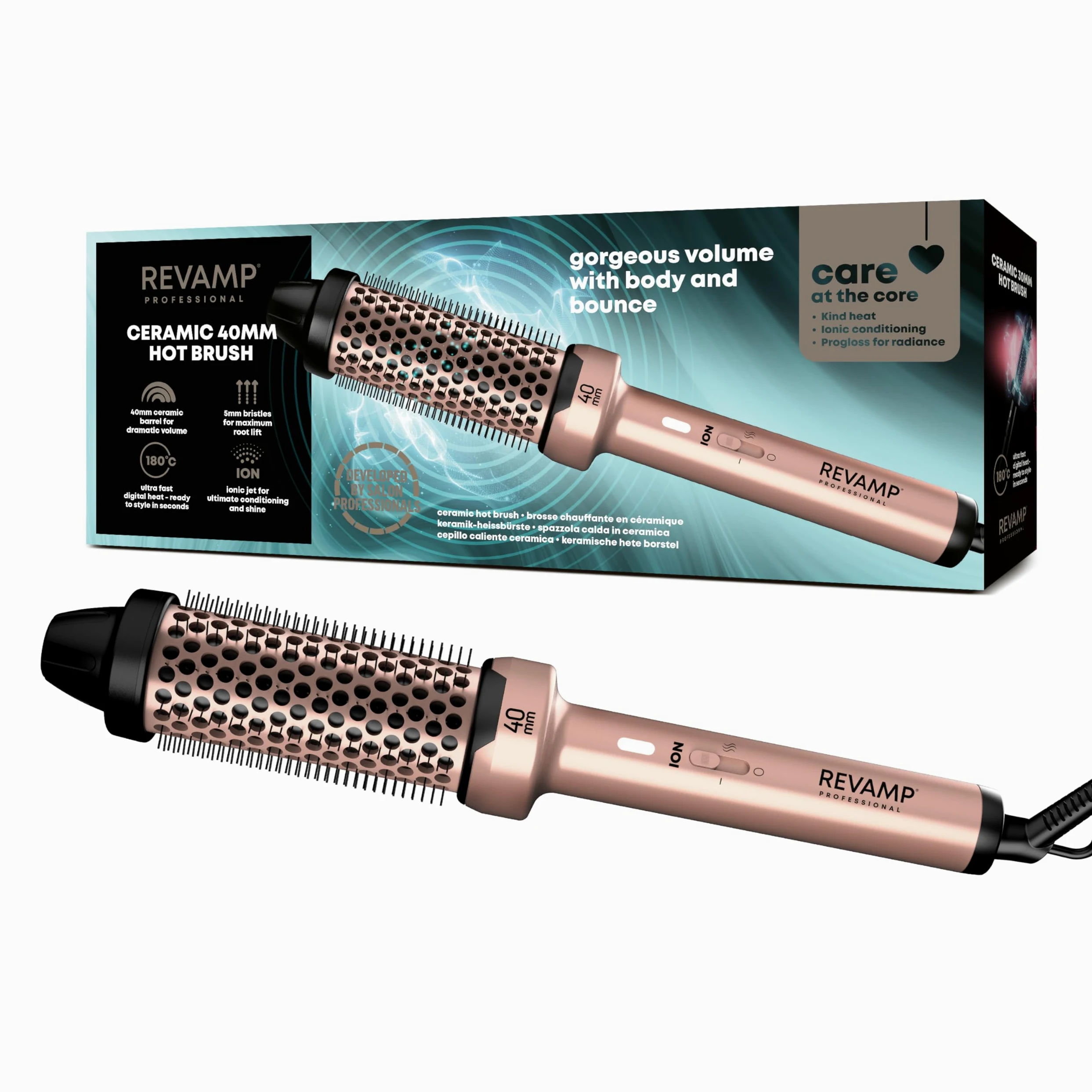 REVAMP Cepillo Calentador Cerámico 40 mm - Barril Redondo, Iónico | Aceites Progloss, Rebote, Rizos y Ondas, Calentamiento Rápido, Peinado sin Enganches