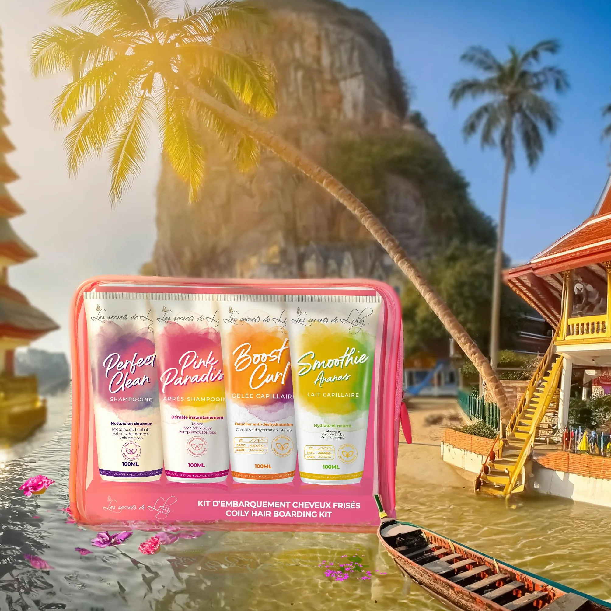 Les Secrets de Loly Estuche viaje cabello encrespado 4 productos aseo 100 ml Champú acondicionador gelatina leche capilar