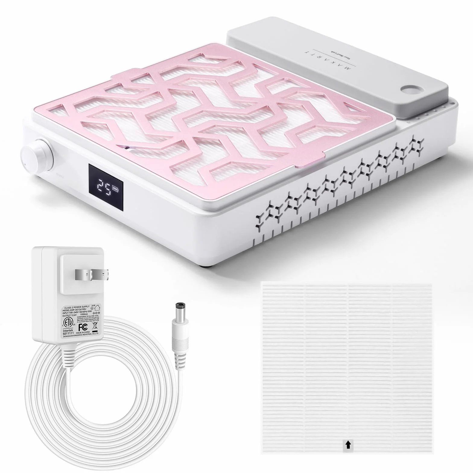 Makartt DUSTINA - Colector de polvo portátil recargable ultrafino con pantalla digital, reposamuñecas de silicona y filtro reutilizable para pulido de gel acrílico Nail Tech | DUSTINA - Reposamuñecas de silicona con pantalla digital y filtro reutilizable