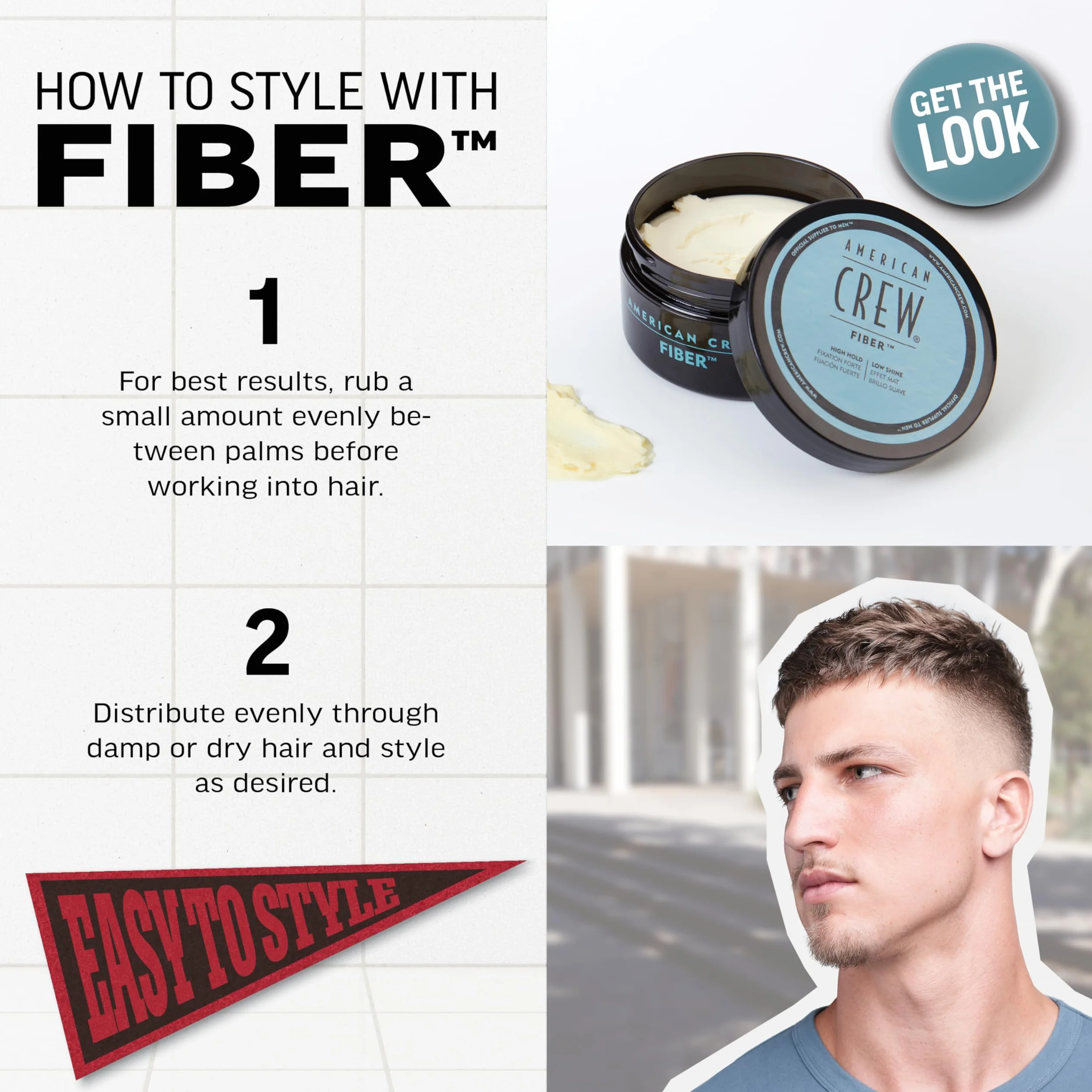 American Crew Fiber Cera para el Pelo Hombre Fijación Fuerte Flexible Moldea Brillo Pelo Corto