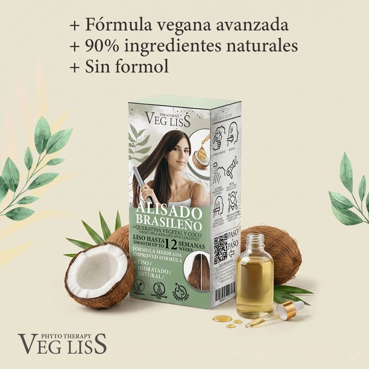 VEGLISS Kit Alisado Brasileño con Queratina Vegetal - Champú 30ml + Tratamiento 120ml - Anti Frizz - Liso 12 Semanas