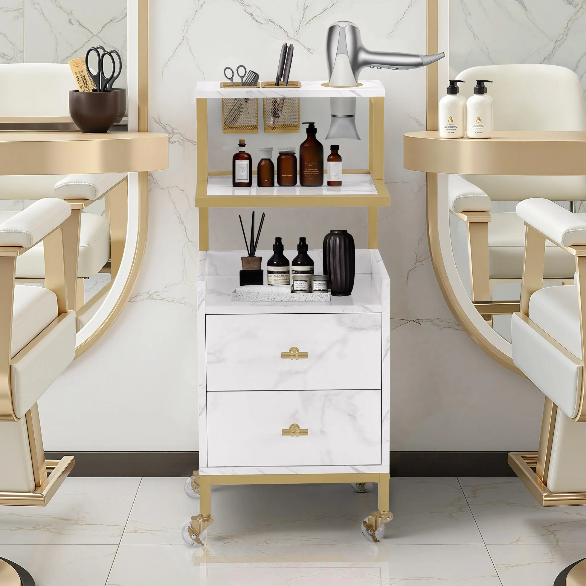 Barberpub Carro de peluquería con ruedas y 2 cajones, blanco y dorado