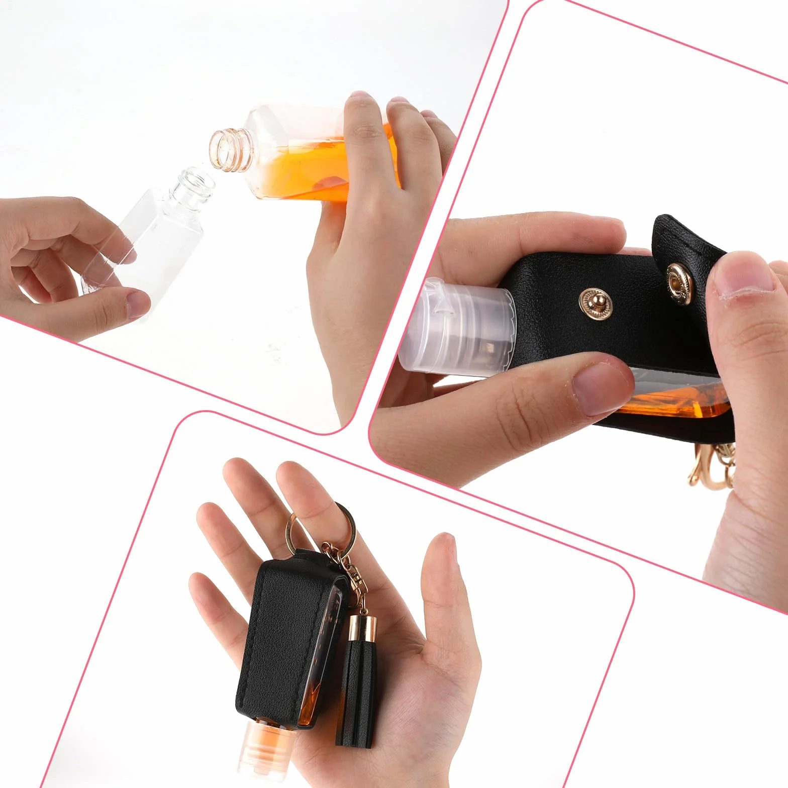 Molain 2 llaveros desinfectantes manos 30 ml soporte portátil cuero botellas vacías a prueba de fugas