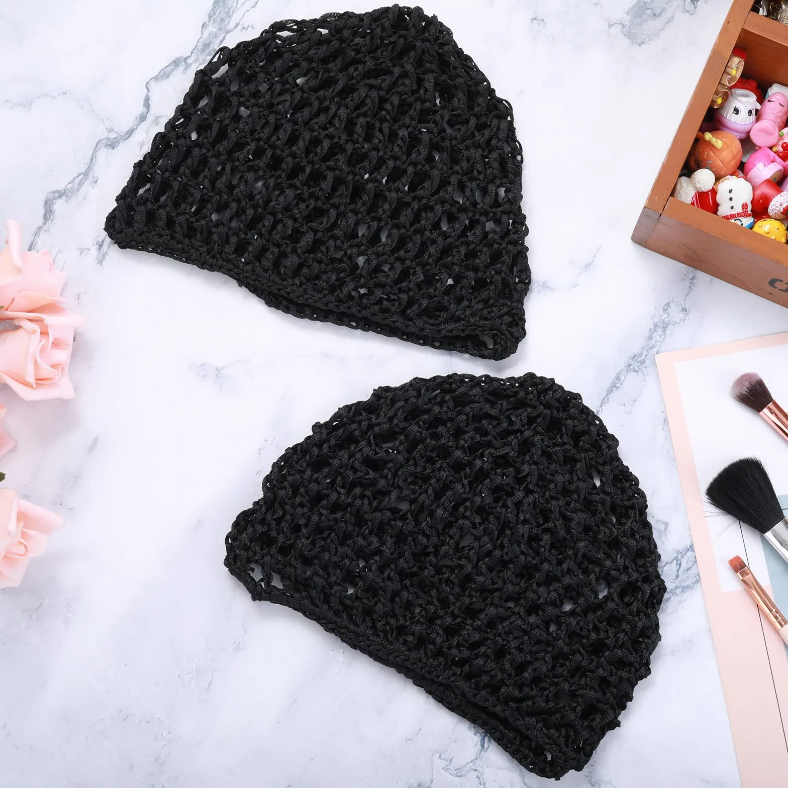 Redecillas para el cabello para dormir, gorros largos rectos rizados, protector de cabeza malla negra, moño correa levantamiento, para mujer