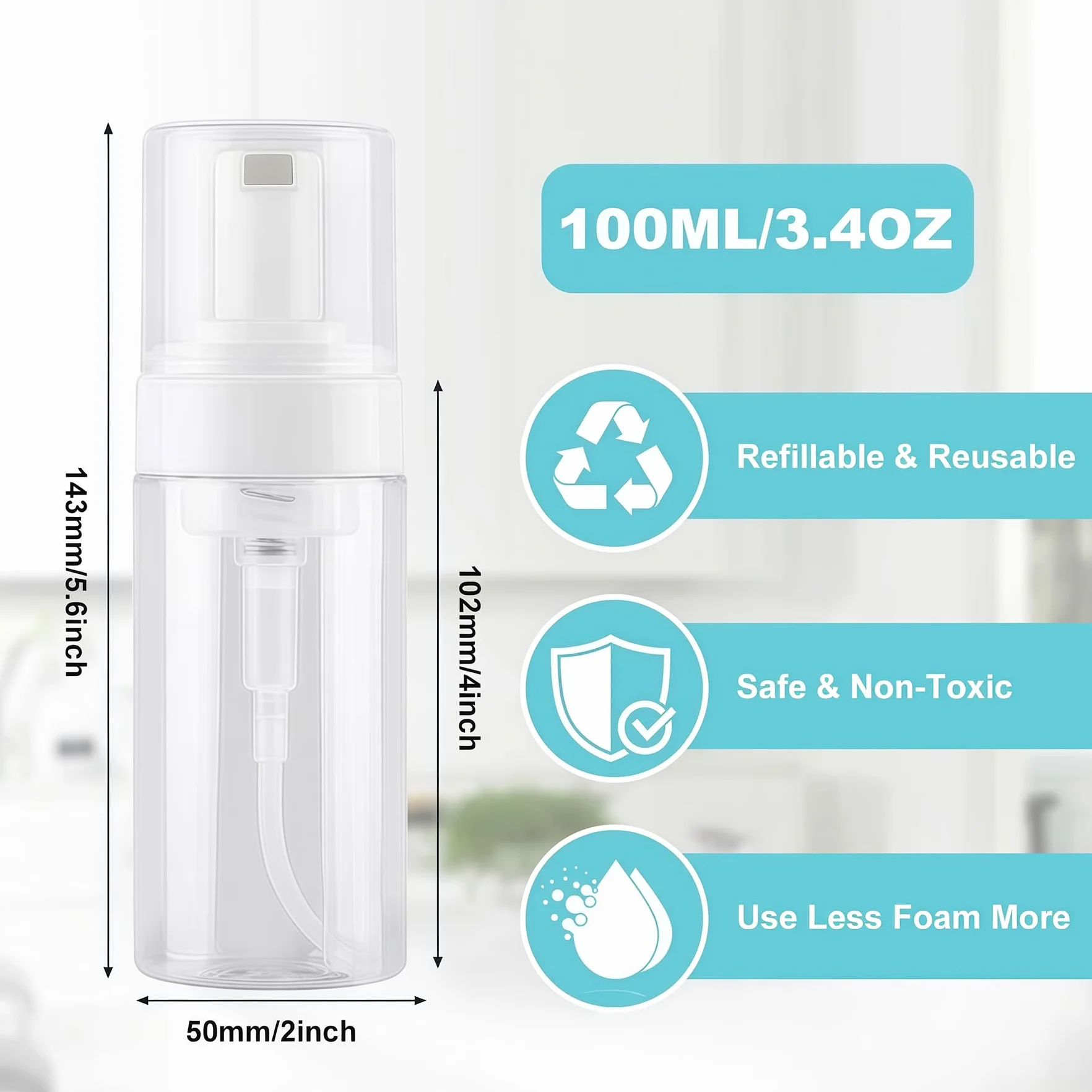 Botellas vacías de espuma 3.4 oz 100 ml plástico transparente rellenables dispensadores de jabón para viajes