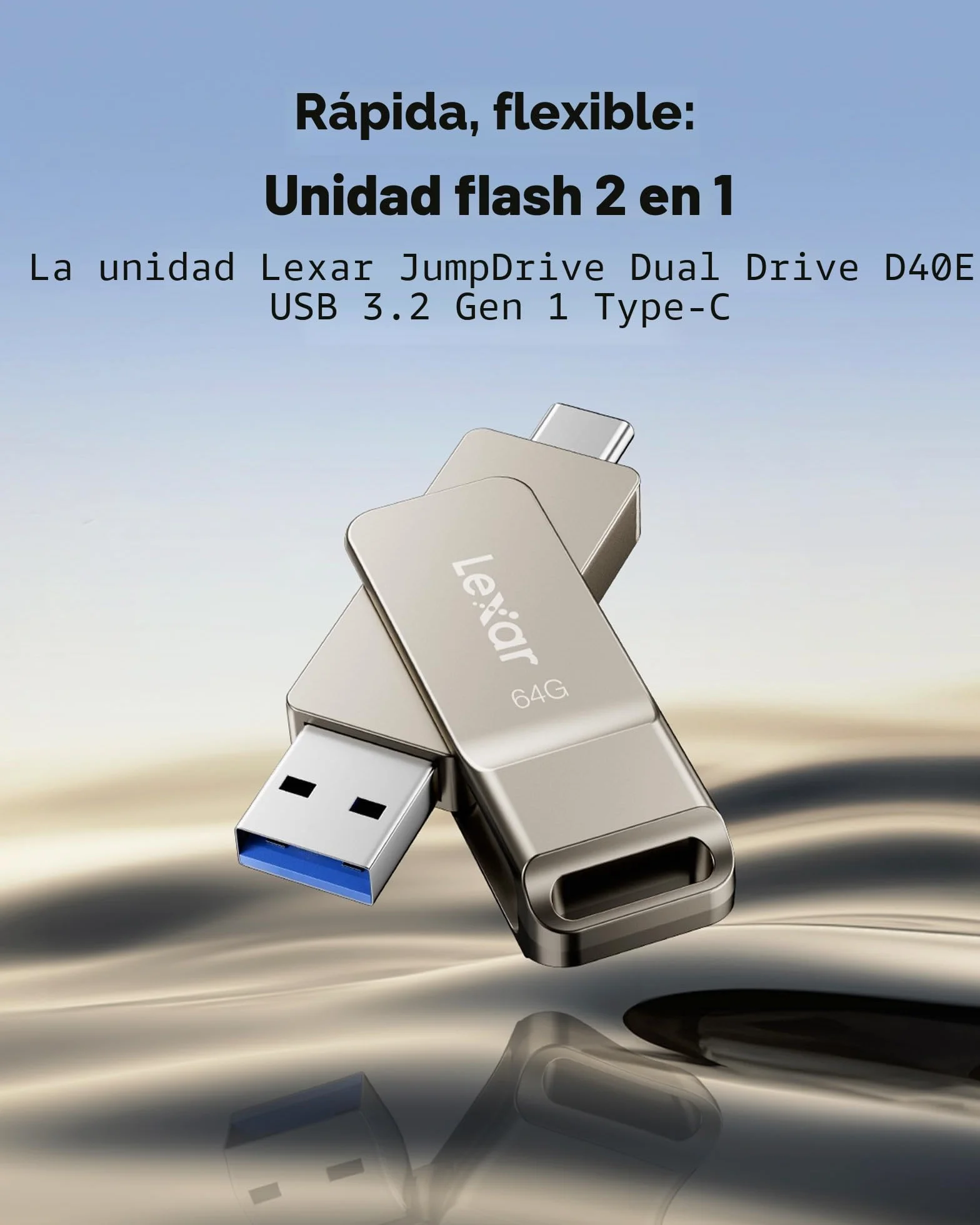 Lexar D40E Unidad Flash Dual USB Tipo-C 64GB USB 3.2 Gen 1 Carcasa de Metal Plateado