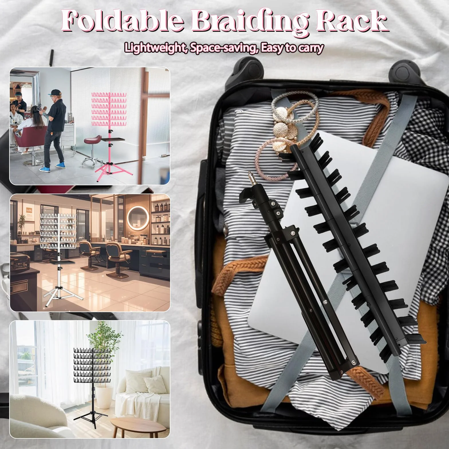 Soporte para extensiones de cabello ajustable y plegable de 144 clavijas con bandeja y pinzas