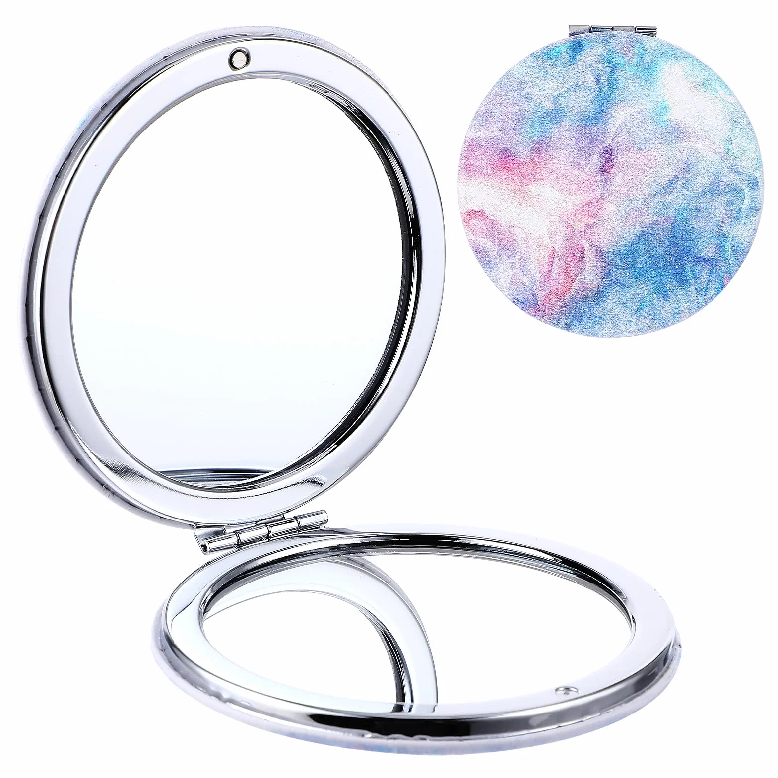 Dimeho Espejo plegable compacto colorido mini espejo cosmético con aumento portátil redondo maquillaje viaje doble cara (azul)