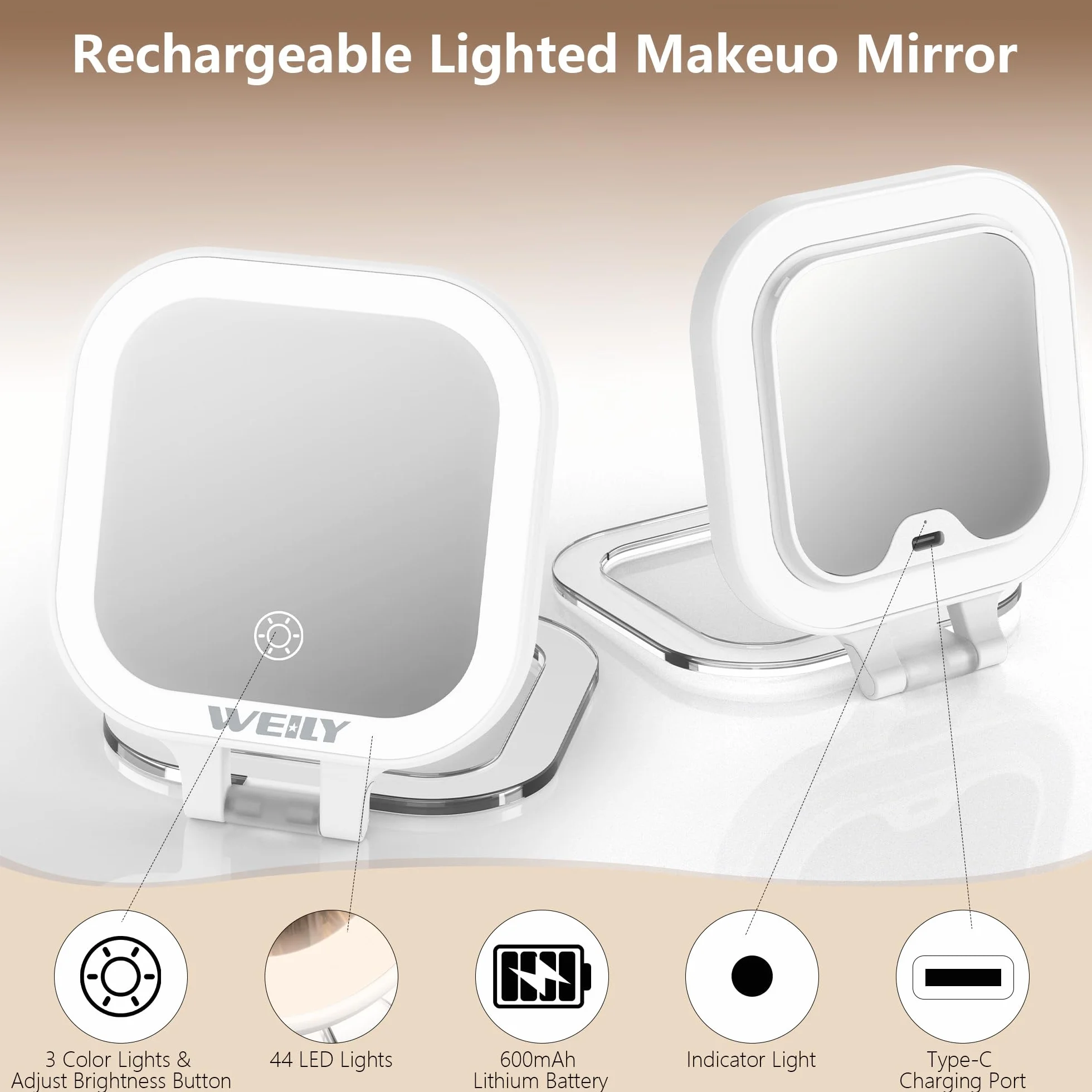 WEILY Espejo Maquillaje con Luz, 1X/10X Doble Cara Aumento, Espejo de Viaje con 3 Luces de Color y Control Táctil, Recargable USB Blanco