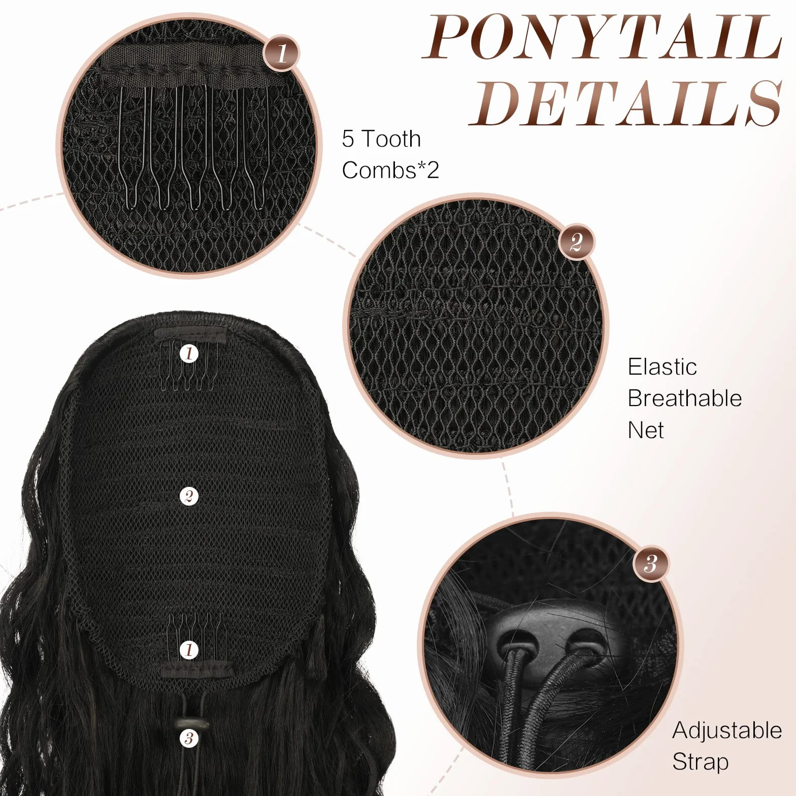 FESHFEN Coleta Pelo Natural 65 cm Negro Ondulado Rizado Sintética Extensiones para Mujeres