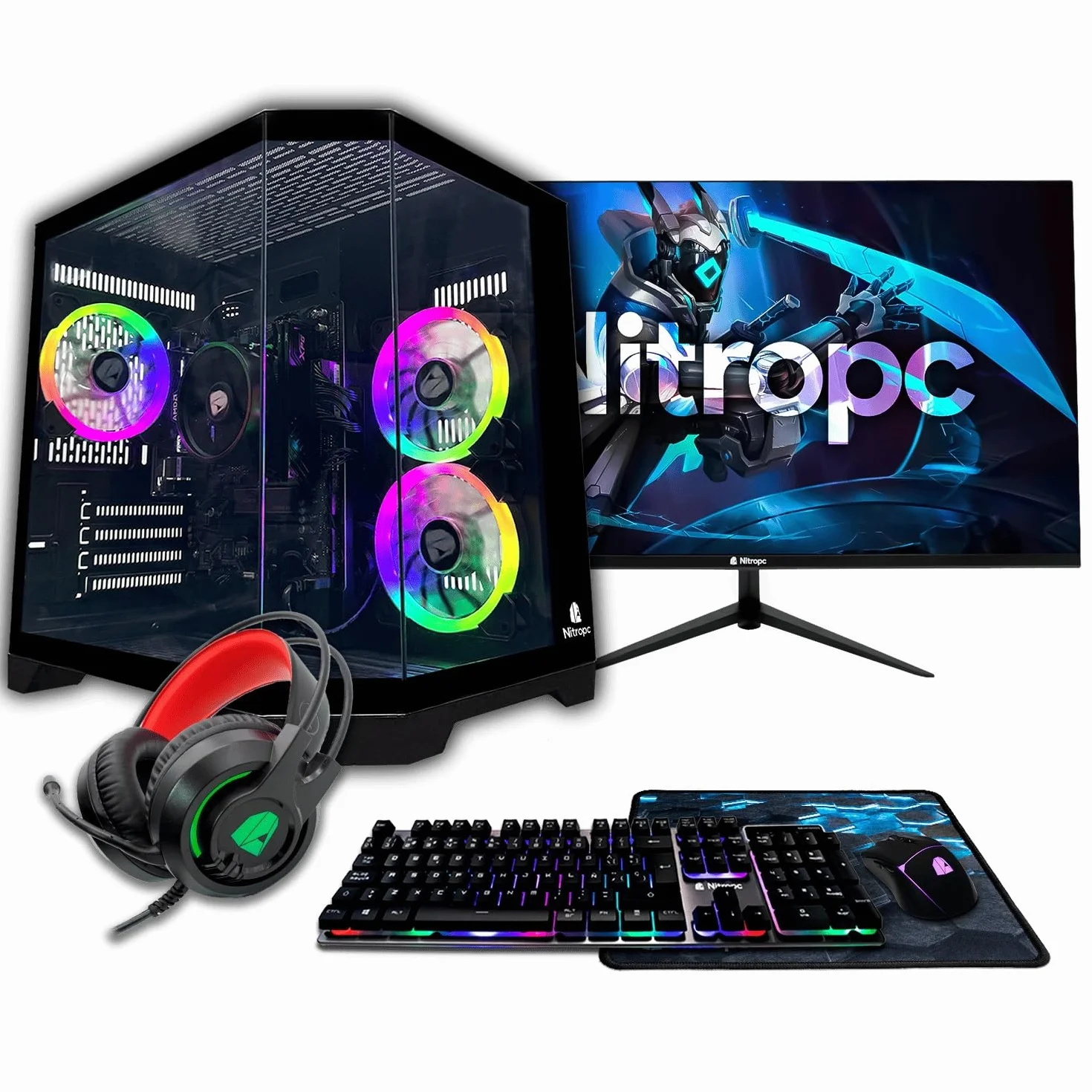 NitroPC Pack Avanzado PC Gaming Completo AMD Ryzen 5 3400G 4.4GHz RX Vega 11 RAM 16GB 480GB SSD Windows 11 Pro WiFi Monitor 24" Ordenador Sobremesa Negro