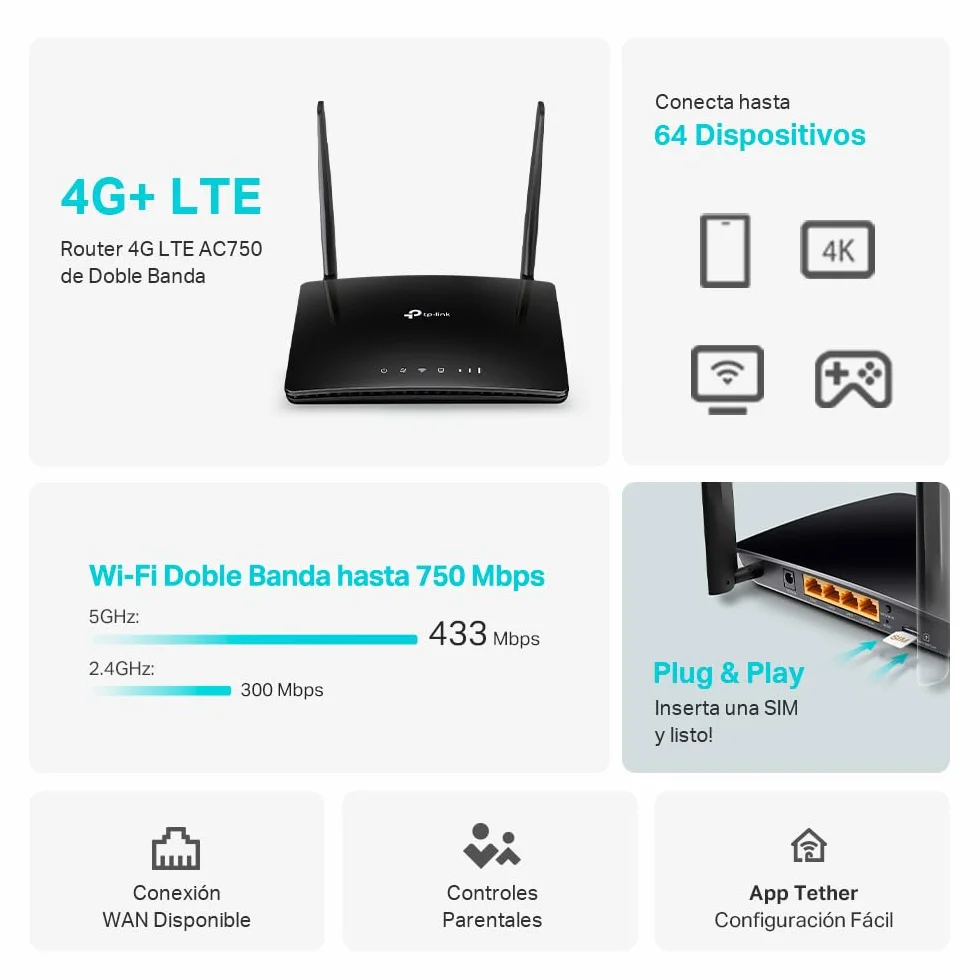TP-Link Archer MR202 Router WiFi 4G LTE Dual-Band AC750Mbps 3 Puertos LAN 1 LAN/WAN 2 Antenas LTE QoS Onemesh