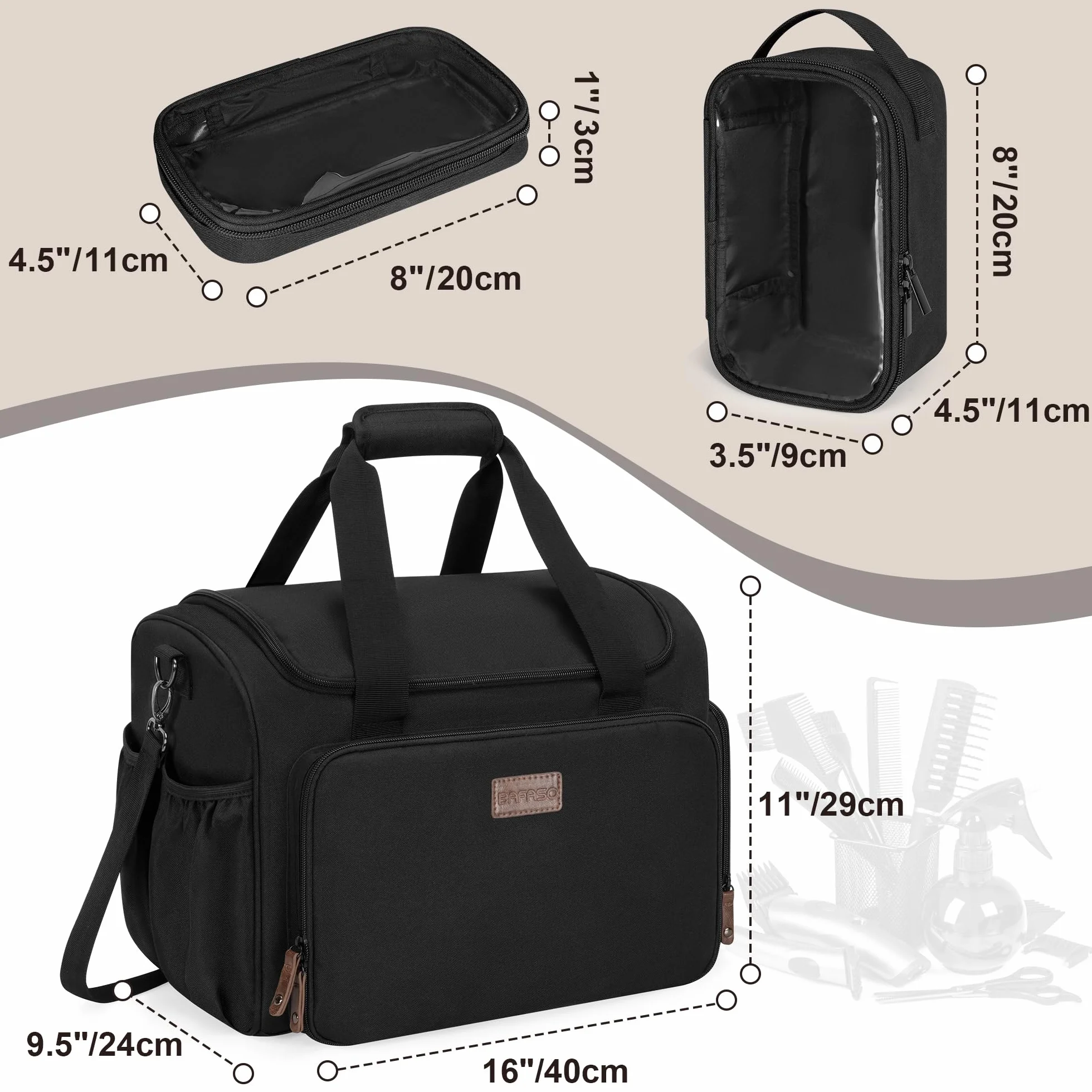 BAFASO Bolsa de Viaje Aislada para Peluquería con Divisor Semi Desmontable y Dos Bolsillos Extraíbles, Bolsa de Peluquería para Varias Herramientas de Corte de Cabello, (Solo Bolsa), Negro