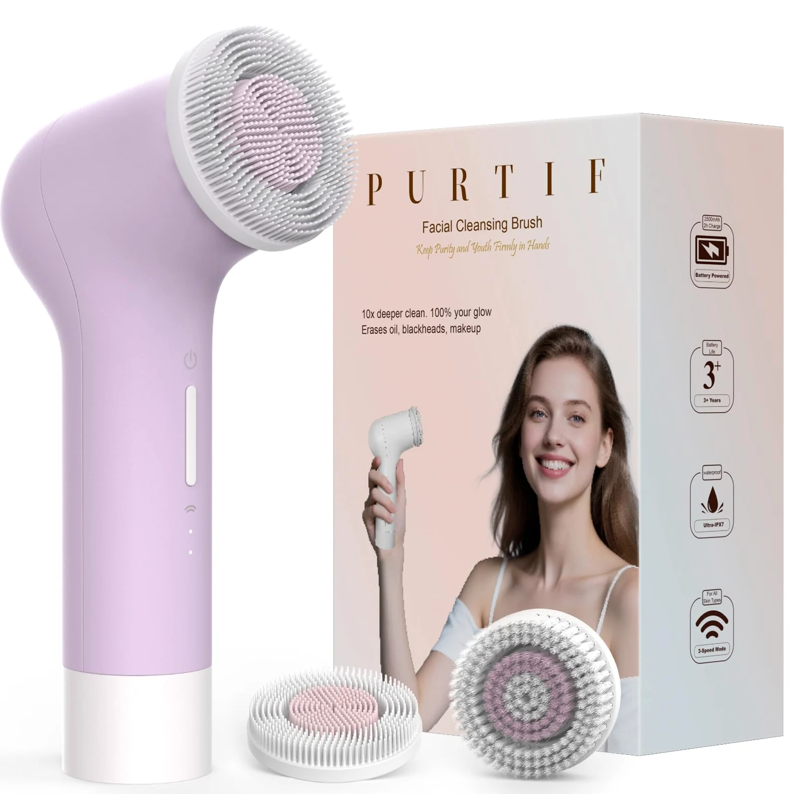 Cepillo eléctrico de limpieza facial, exfoliante facial de silicona recargable con cabezales de cepillo patentados de doble anillo, 3 velocidades de rotación, cepillo exfoliante sin vibración