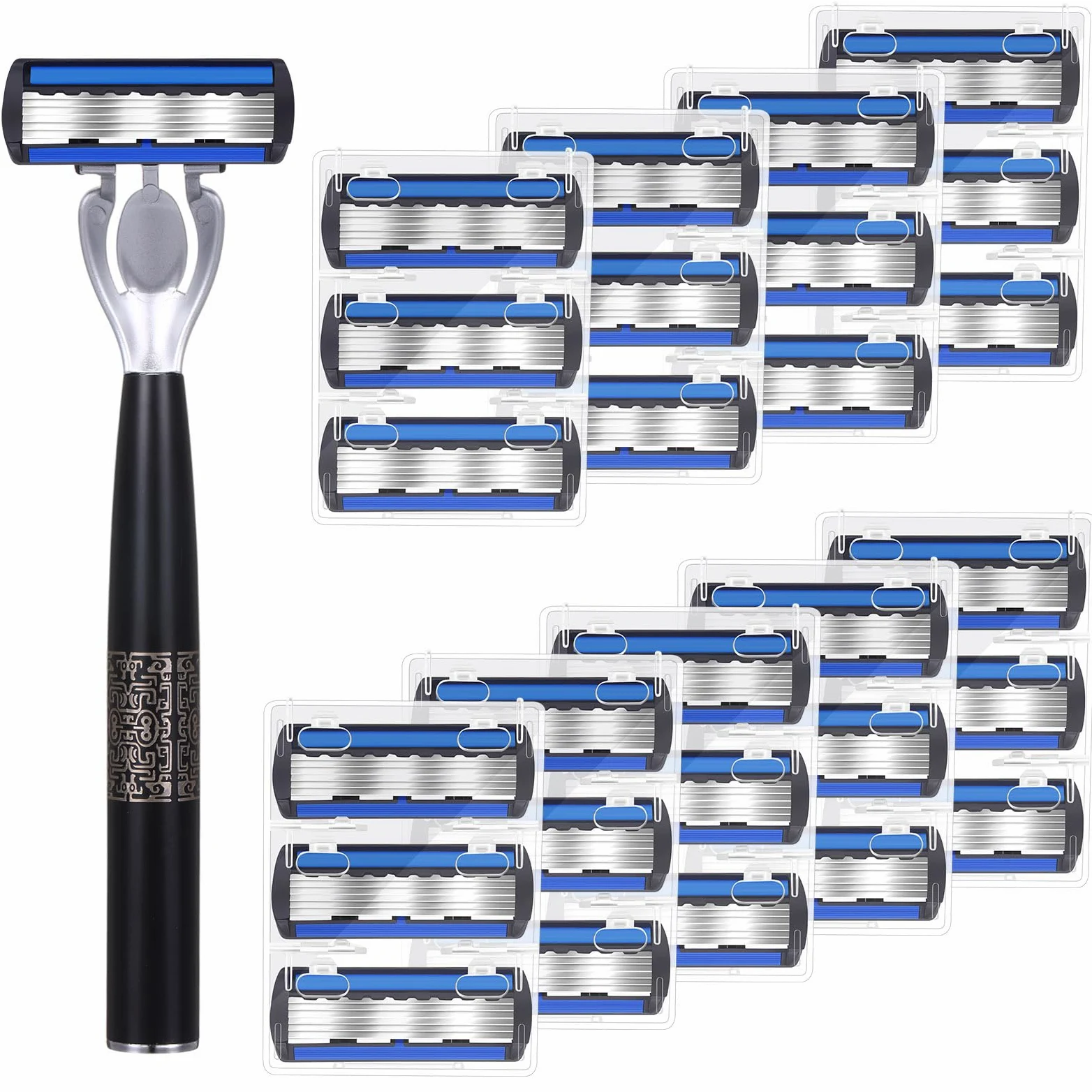 Juego de 28 cuchillas recargables desechables para hombre, 6 cuchillas, piel sensible, juego de afeitado para un afeitado cómodo, 1 mango y 27 cartuchos