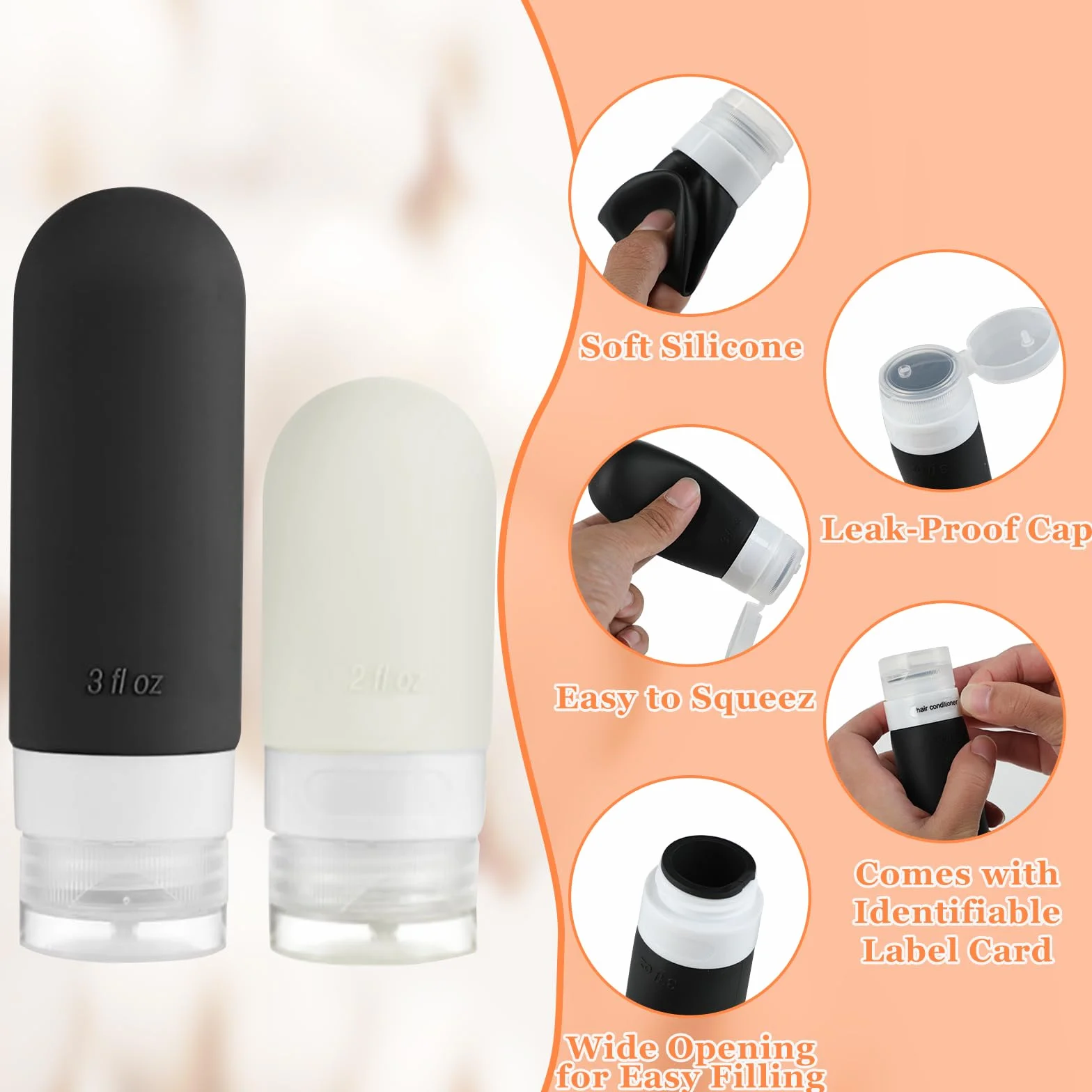 Kit de Viaje Botes Rellenables de Silicona Set de 17 a Prueba de Fugas Negro