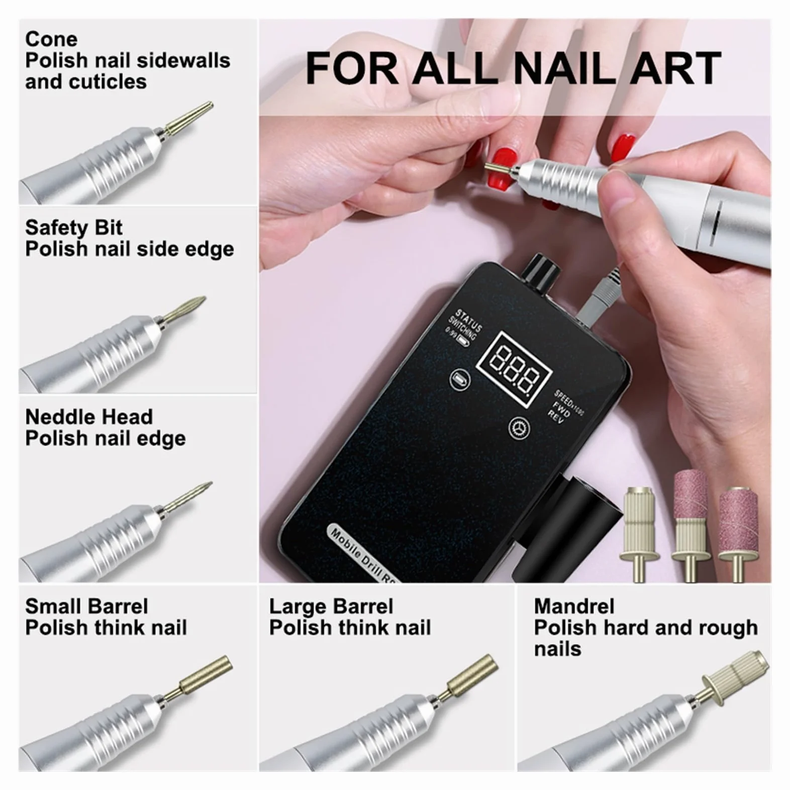Torno para Uñas, Taladro de uñas recargable portátil de 30000RPM, juego de lijadora de uñas, taladro de manicura eléctrico de alta velocidad for esculpir herramientas de salón