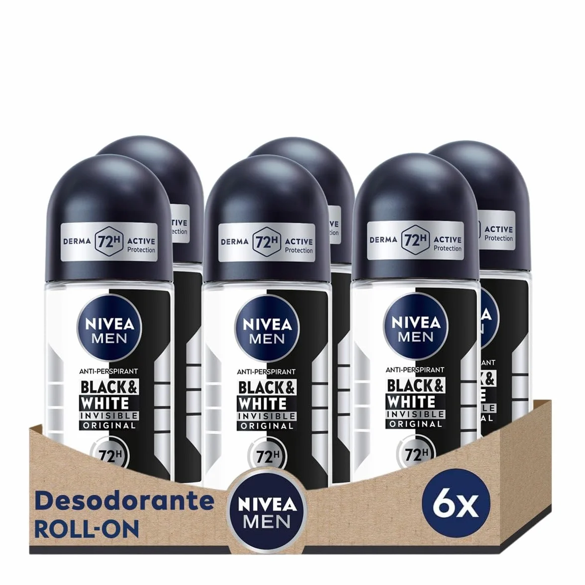 NIVEA MEN Black & White Invisible Original Desodorante Roll-on Hombre 72h Protección Antitranspirante Sin Alcohol Pack 6 x 50 ml