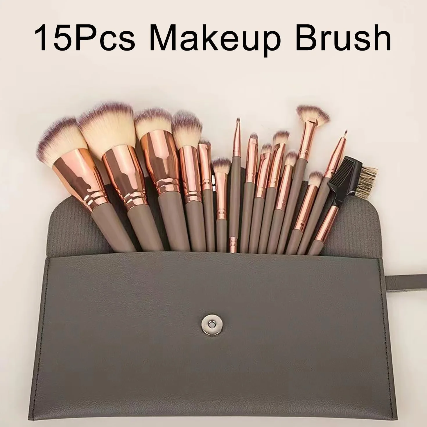 Juego de Brochas de Maquillaje Profesional 15 Piezas, Pinceles Sintéticos para Base, Ojos y Polvo con Bolsa