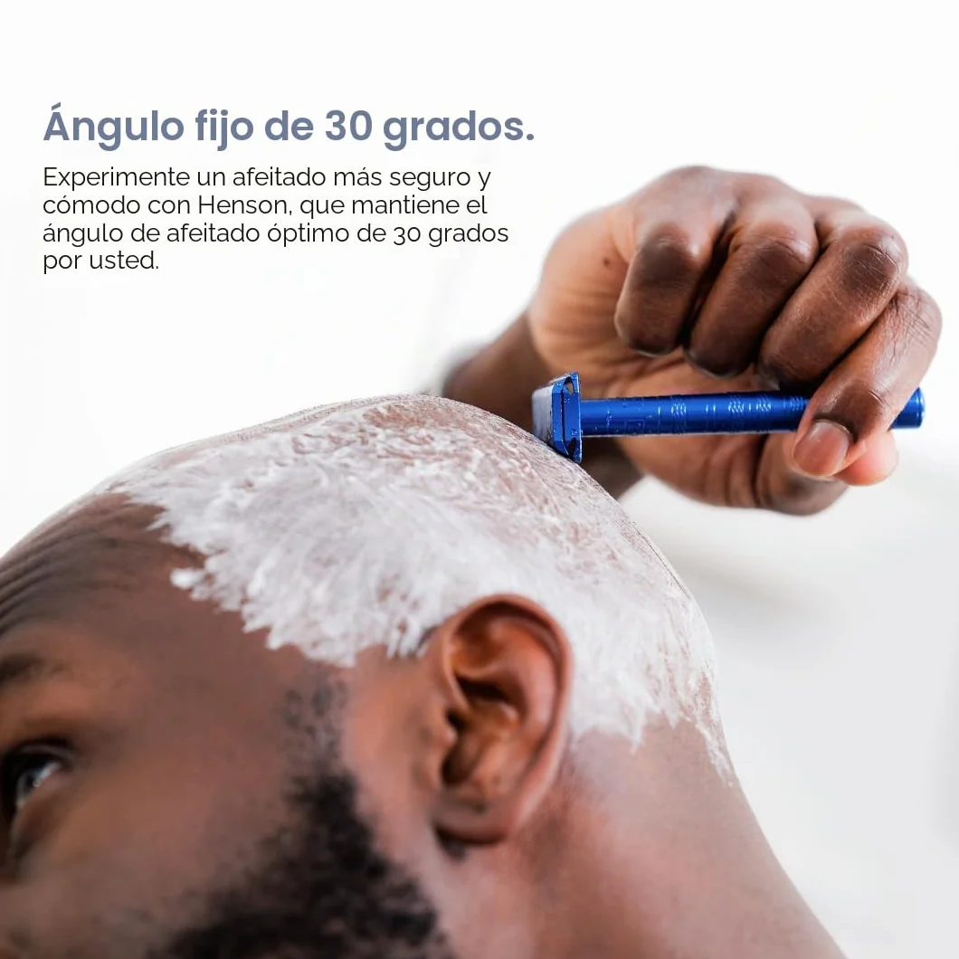Henson Shaving Maquinilla de Seguridad Doble Filo + 5 Cuchillas | Afeitado apurado y reutilizable para hombre. Bisel de precisión 30°, cuerpo aeronáutico anodizado, 5 recambios.