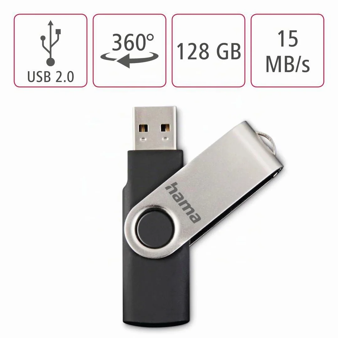 Hama Pendrive USB 2.0 128 GB Memoria USB-A 15 MB/s Giratorio Clip Metal Negro Plata