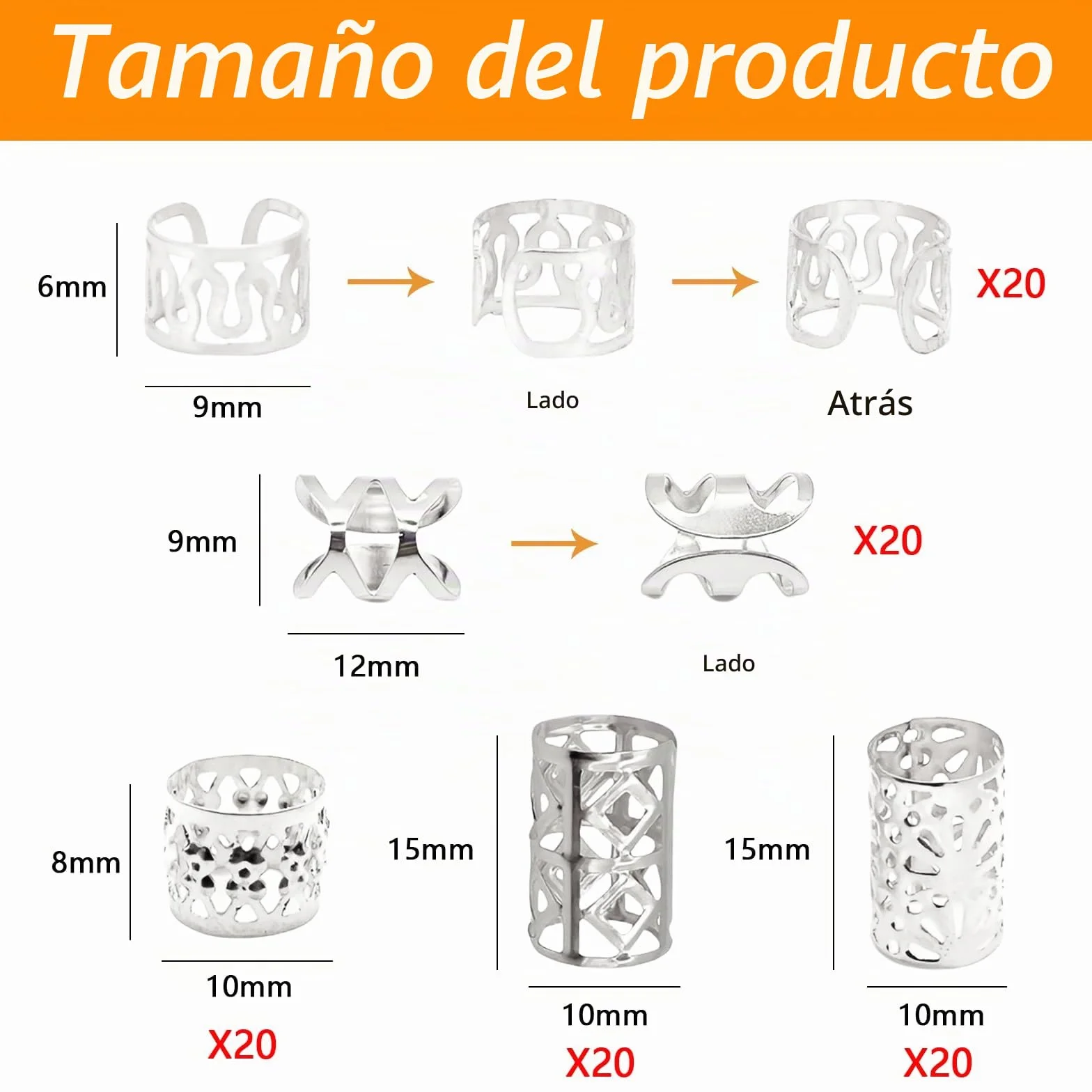 Anillos para el Pelo Ajustable Metal 100 Pcs para Trenzas Plateado