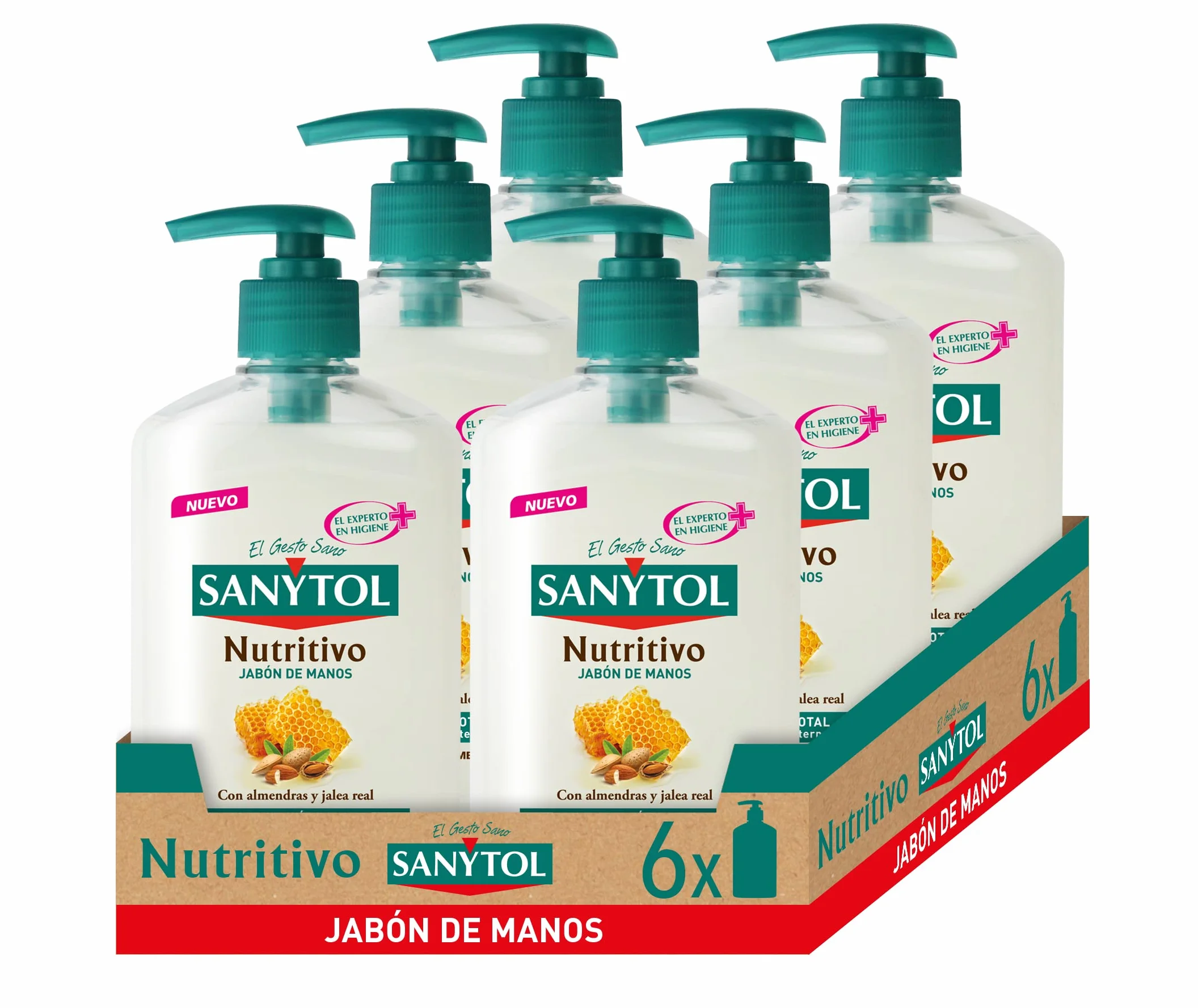 Sanytol Jabón de Manos Antibacteriano Nutritivo con Almendras y Miel, Pack 6 x 250 ml