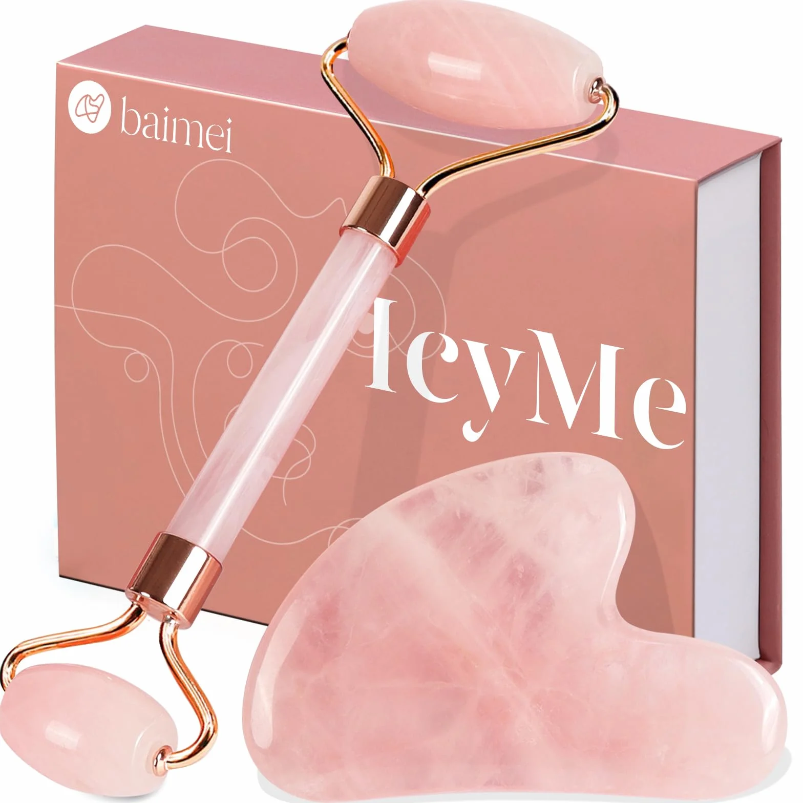 BAIMEI Gua Sha & Jade Roller, Cuarzo Rosa GuaSha, Masajeador Facial para Mujeres