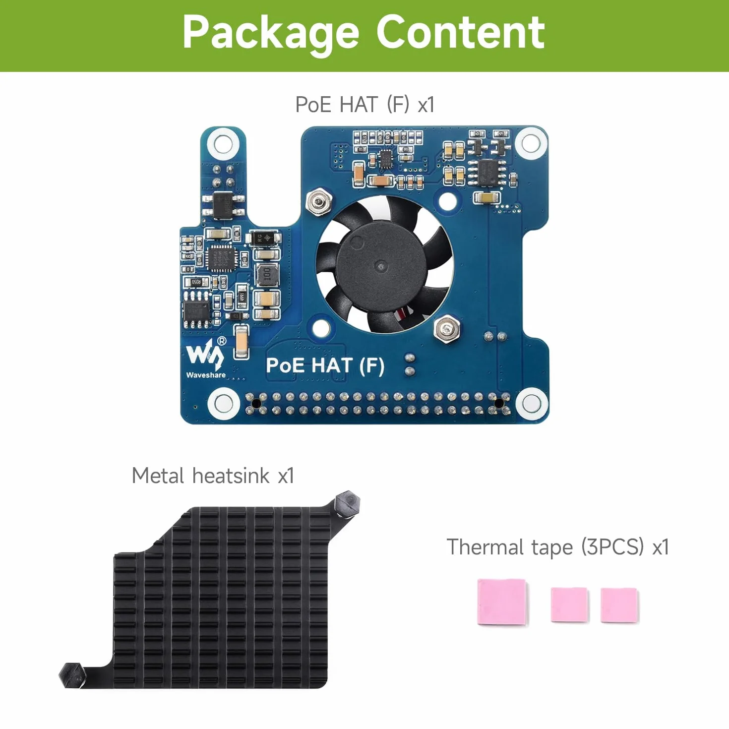 Waveshare PoE Hat (F) for Raspberry Pi 5, High Power, Onboard Fan, Metal Heatsink, 802.3af/at
