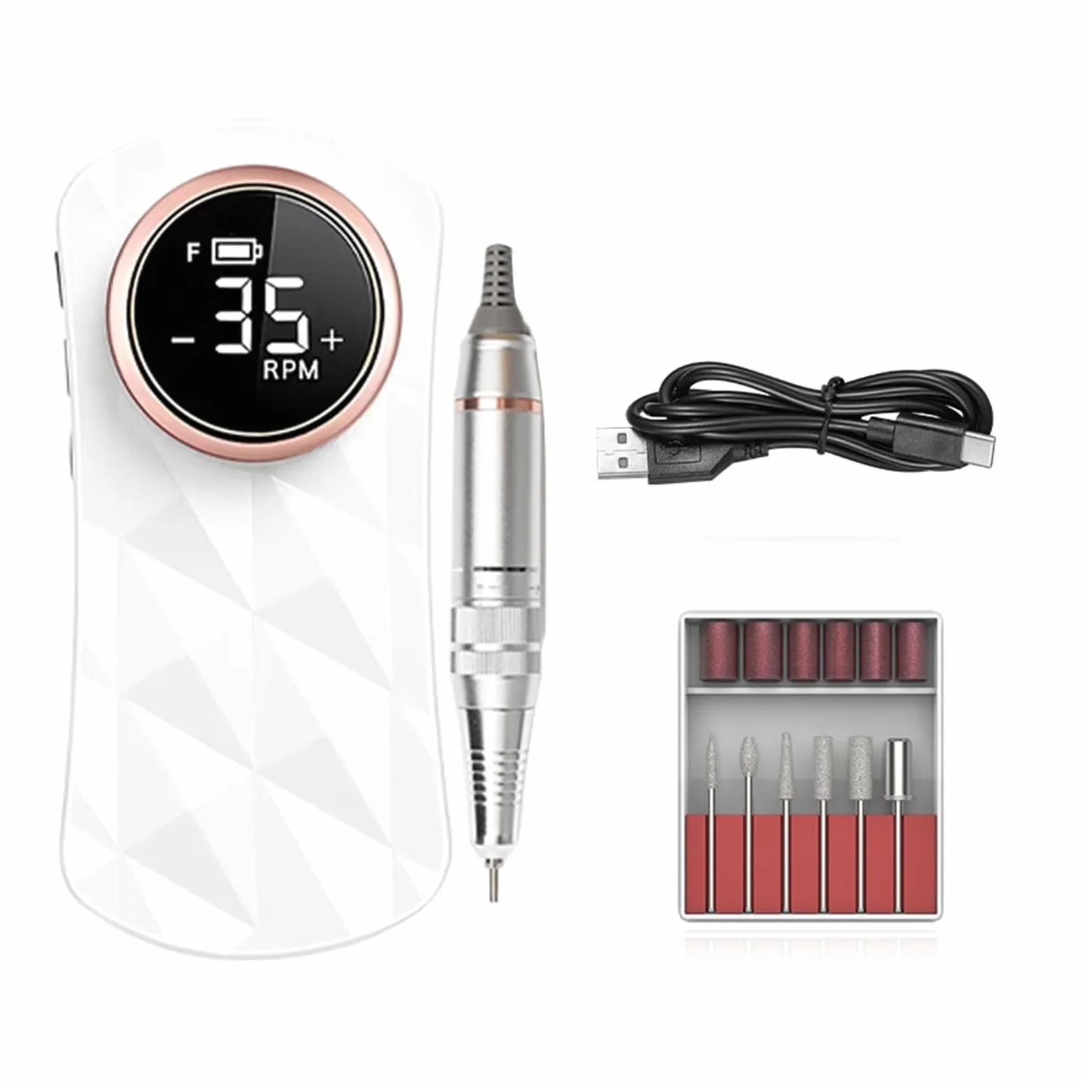 Torno para Uñas, Taladro de uñas de 35000RPM, lijadora de uñas eléctrica recargable, cortadora de fresado de máquina de manicura profesional for pulido de Gel(Bianco)
