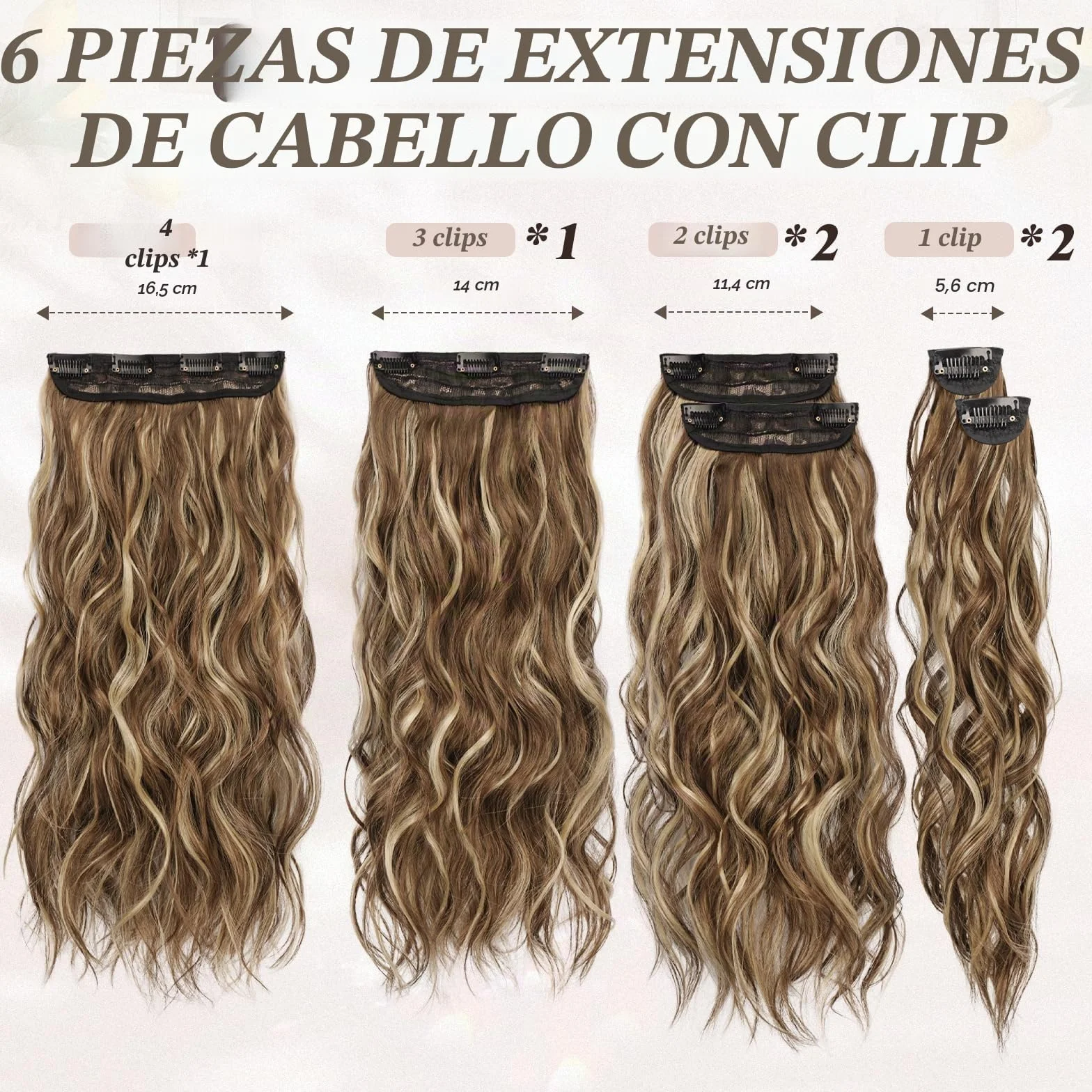 BARSDAR Clip en Extensiones de Cabello, 50cm Ondulado Highlight Extensión de Pelo Clip 6 Piezas Rizado Natural Sintética Mujer (Medio Marrón & Rubio)