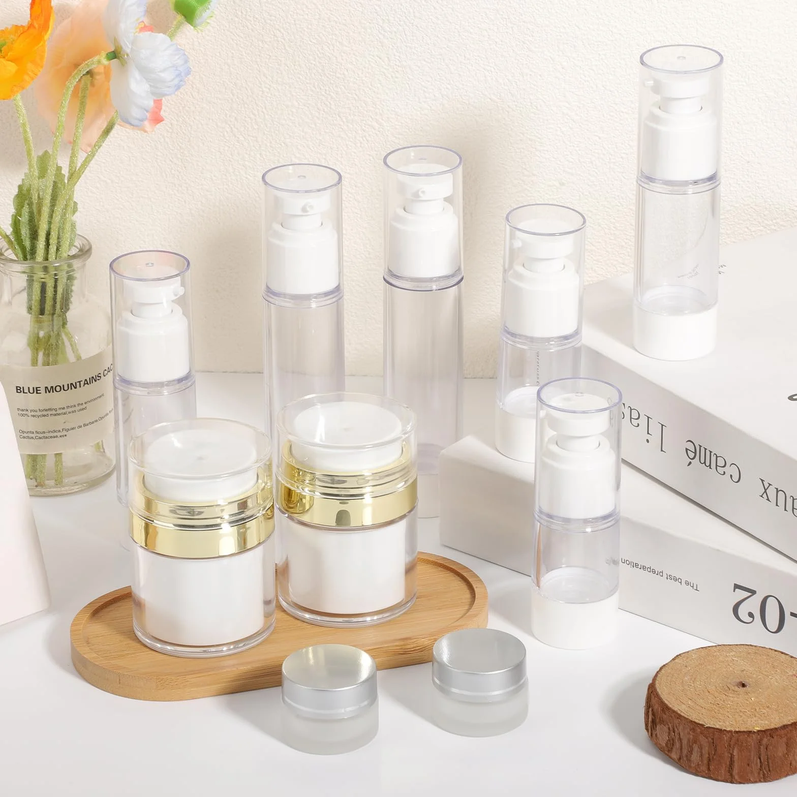 Segbeauty Dispensador de Crema Facial, 2 Piezas 30g Tarro de Crema Airless, 6 Piezas Botellas de Loción al Vacío in 15ml 30ml 50ml, y 2 Piezas 5g Tarros Cosméticos para Viaje
