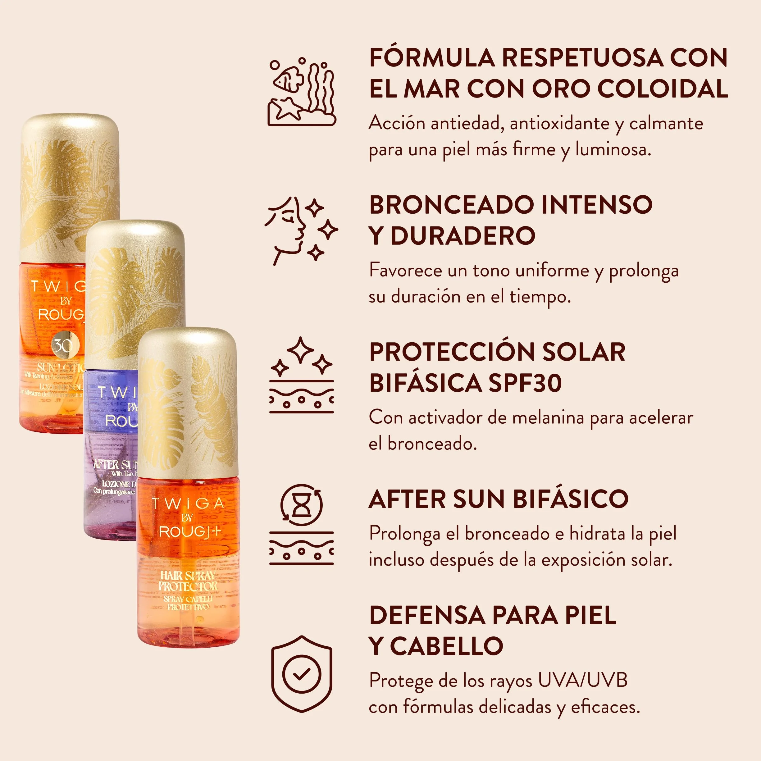 Rougj Twiga Travel Kit Solar - Spray Capilar SPF 30, Loción Solar, After Sun - Hidratación y Protección UV 3x50ml