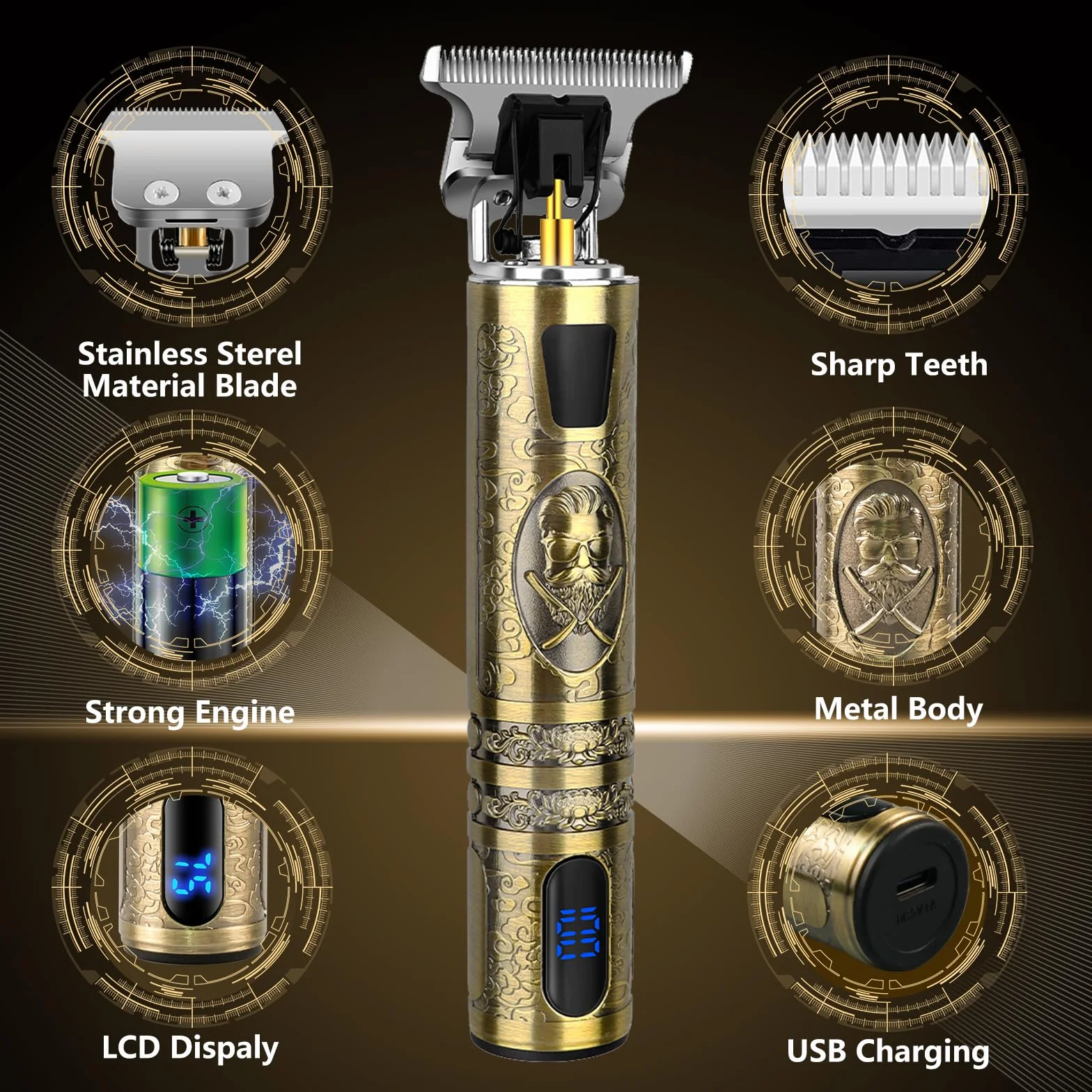 Máquina de Cortar Pelo Hombre con LED, Cortapelos Recortar Barba Sin Cable, 4 Peines
