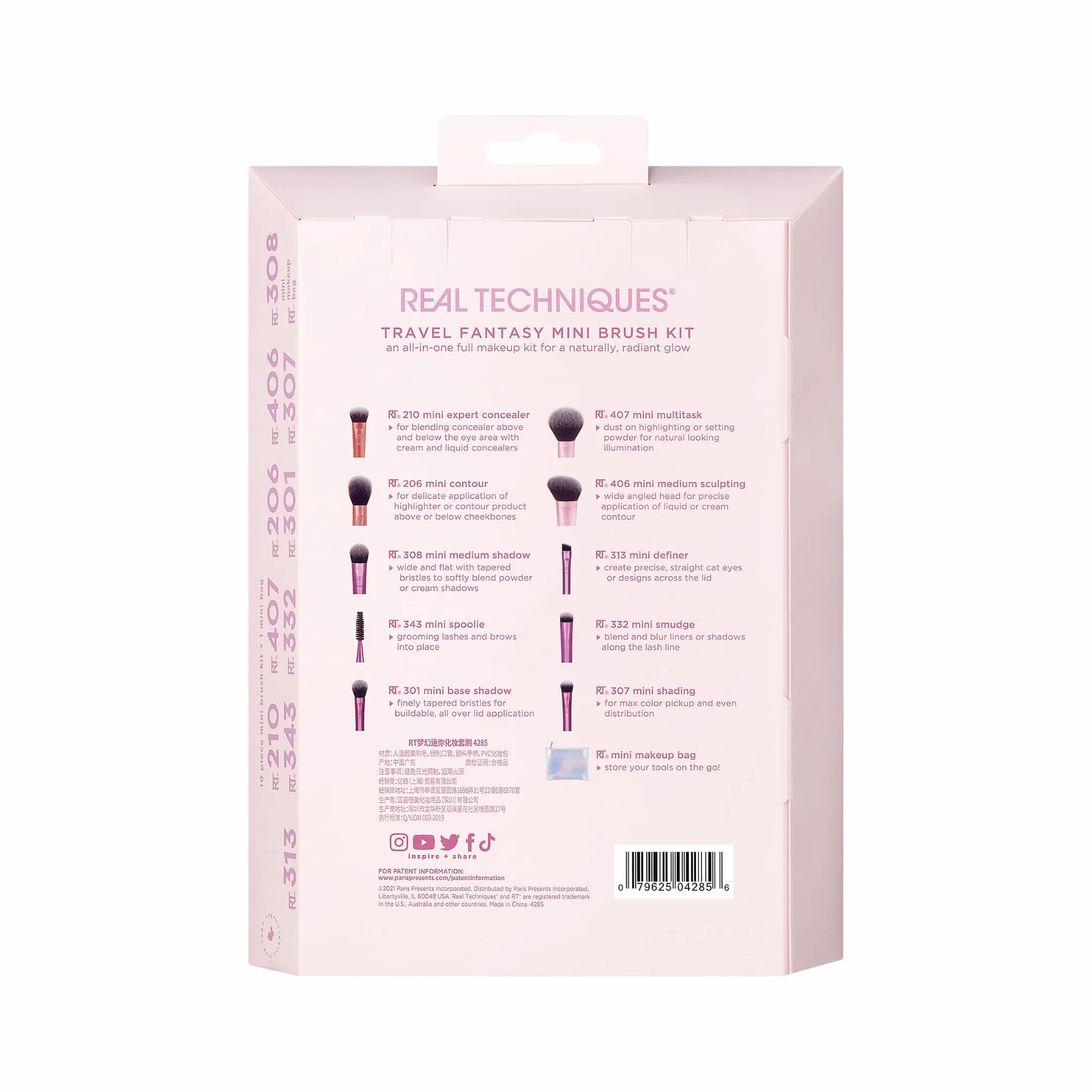 Real Techniques Kit de minibrochas Travel Fantasy, brochas maquillaje sombras ojos iluminadores, juego 11 piezas