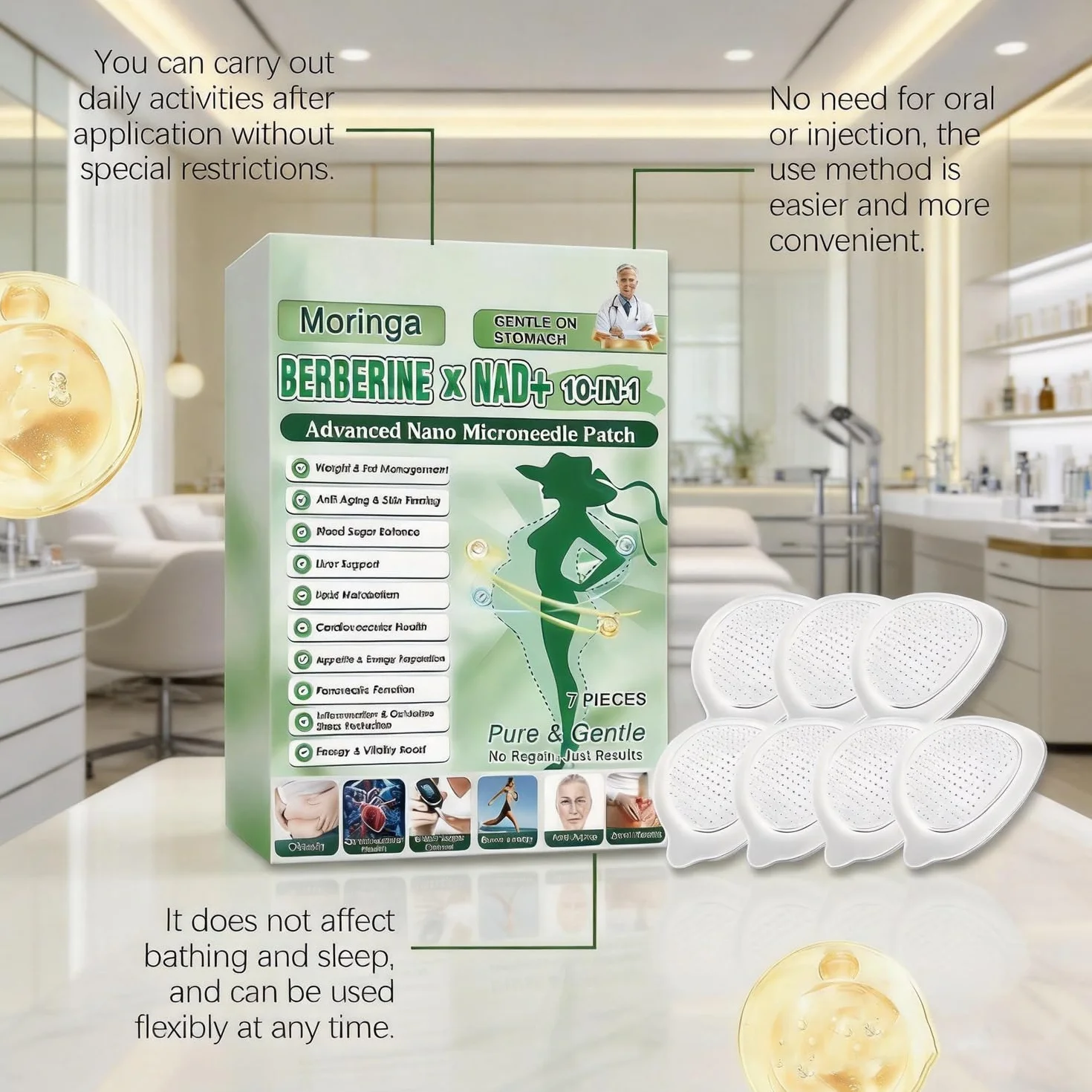 Moringa Parches para Adelgazar con Berberina, Parche Nano Microneedle Adelgazador 28 Piezas 10 en 1