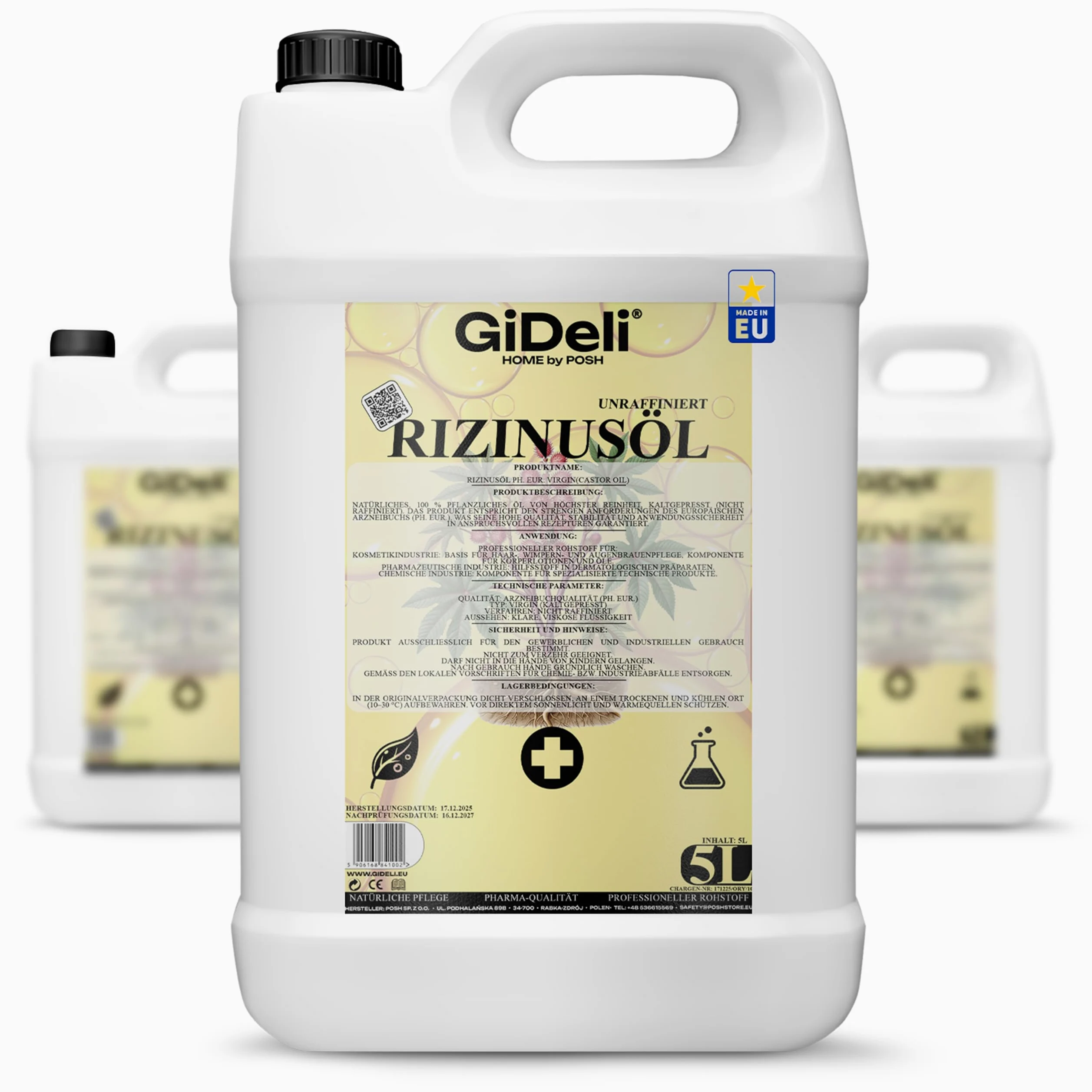 GiDeli Aceite de ricino prensado en frío, 3 x 5 l, puro aceite de ricino en Ph. Eur. Calidad para cabello, pestañas y piel – Aceite de cuidado sin refinar como base para cosméticos naturales DIY – Sin